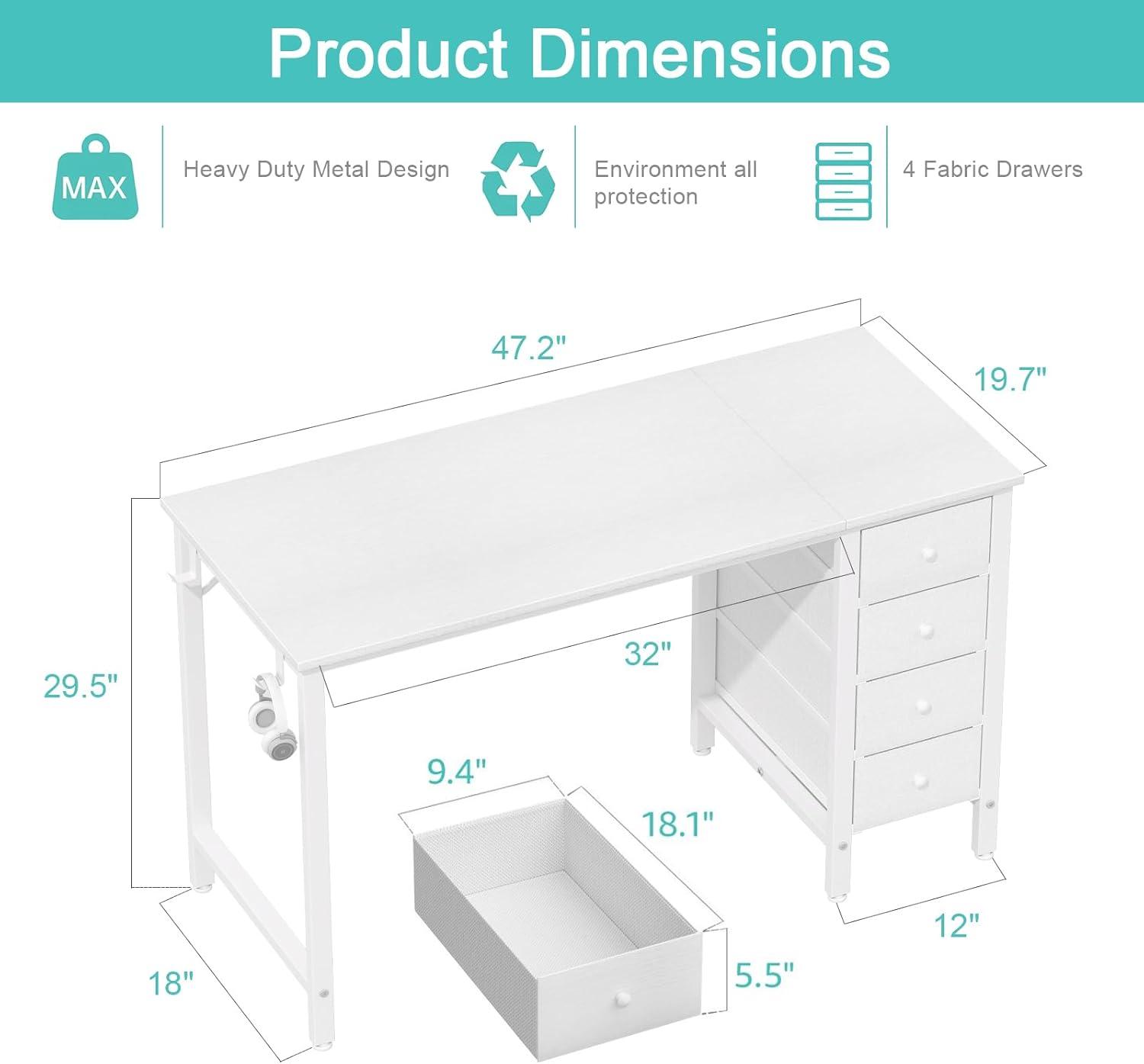 White Computer Desk with Fabric Drawers, 47 Inch Study Work Writing Desk for Home Office Bedroom, Simple Modern Cute PC Desks with Drawer, White