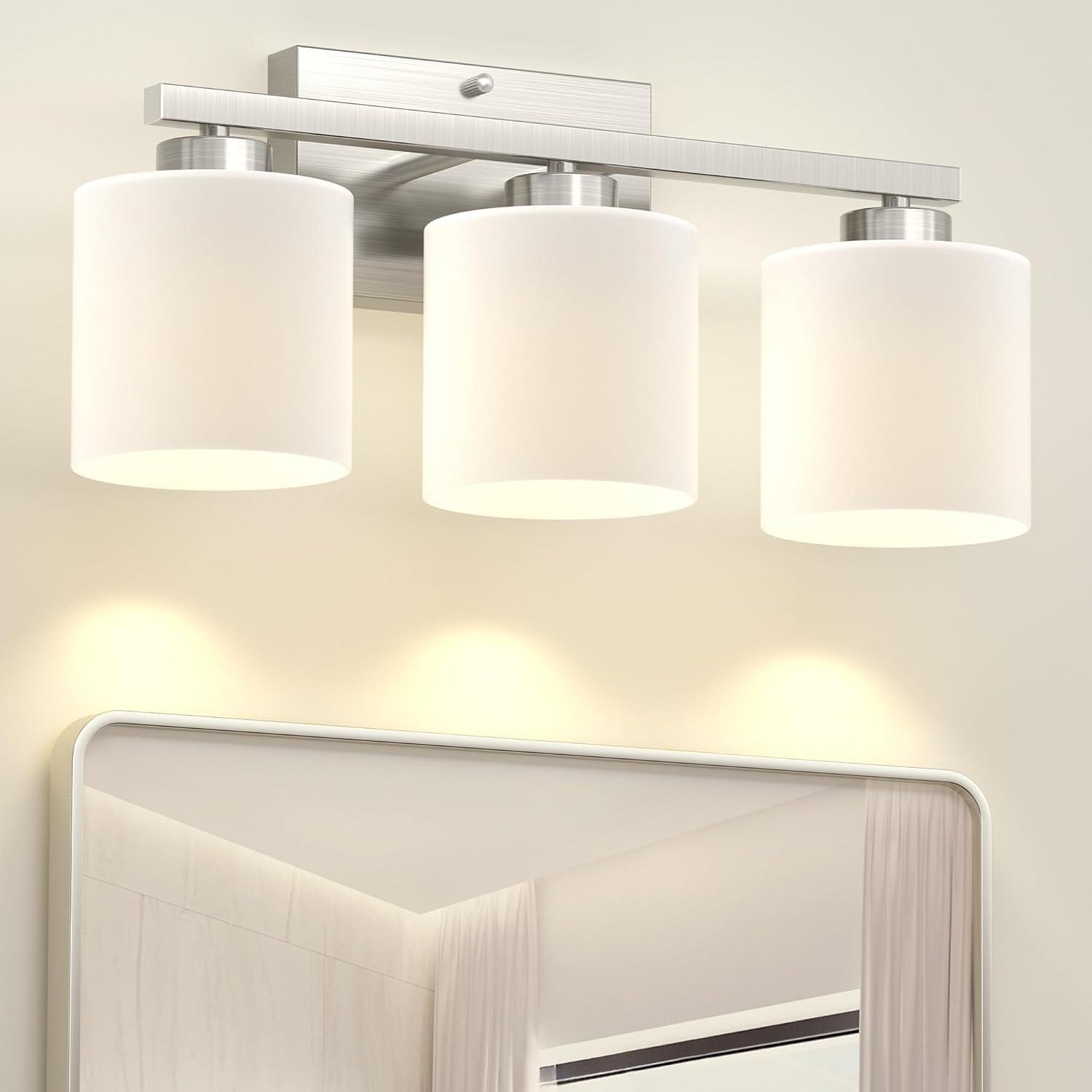 Brushed Nickel Bathroom Light Fixtures, 3-Light Modern Vanity Light Over Mirror