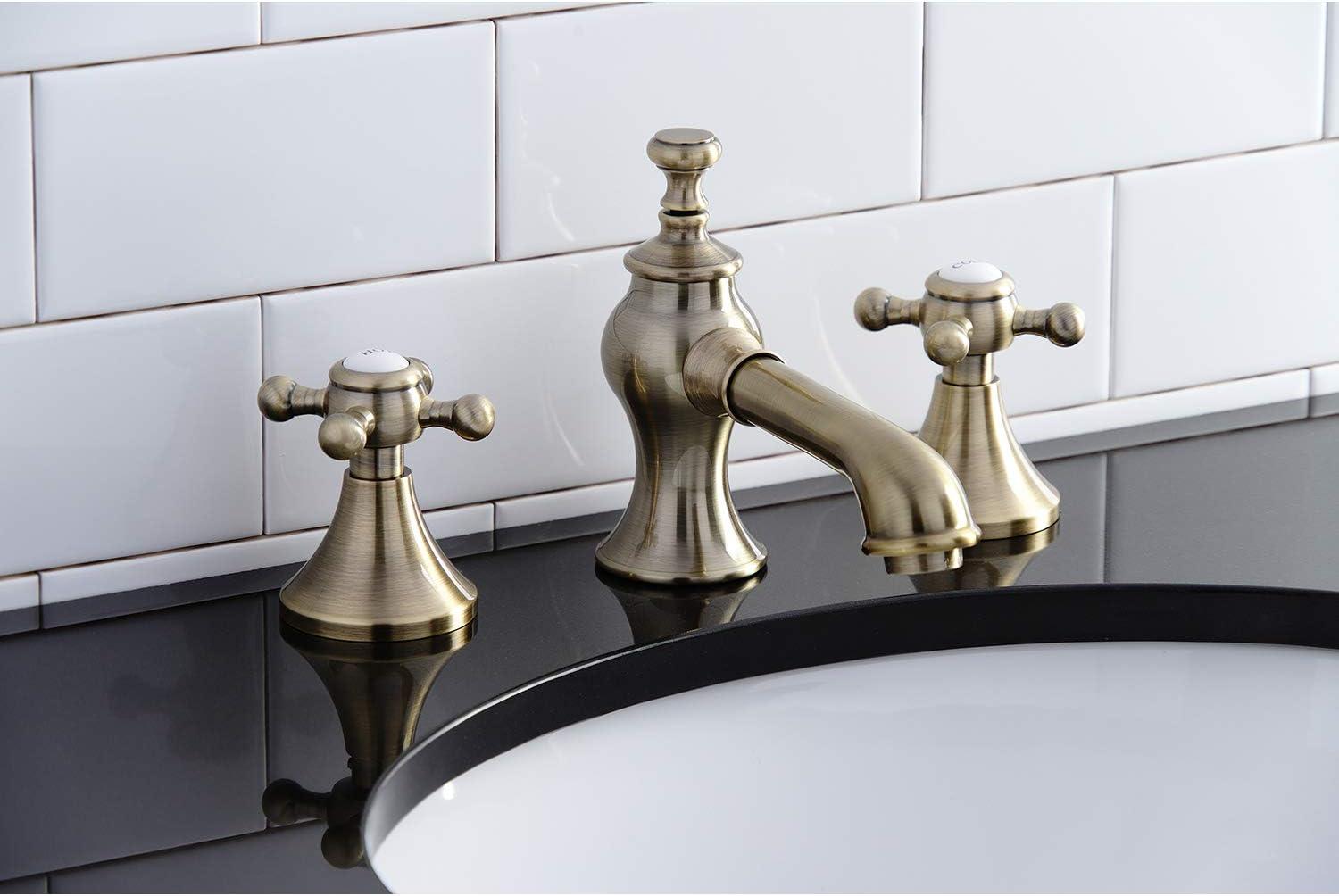 Kingston Brass English Country Two-Handle 3-Hole Deck Mount Widespread Bathroom Faucet with Brass Pop-Up Drain