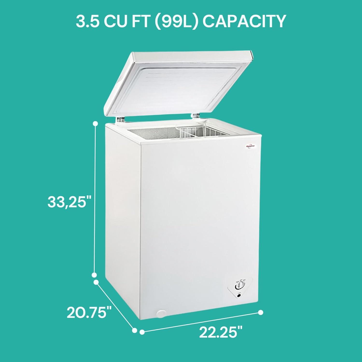 Koolatron 3.5 cu ft Compact Chest Freezer 99L White Manual Defrost Deep Freeze Storage Basket Space-Saving Flat Back