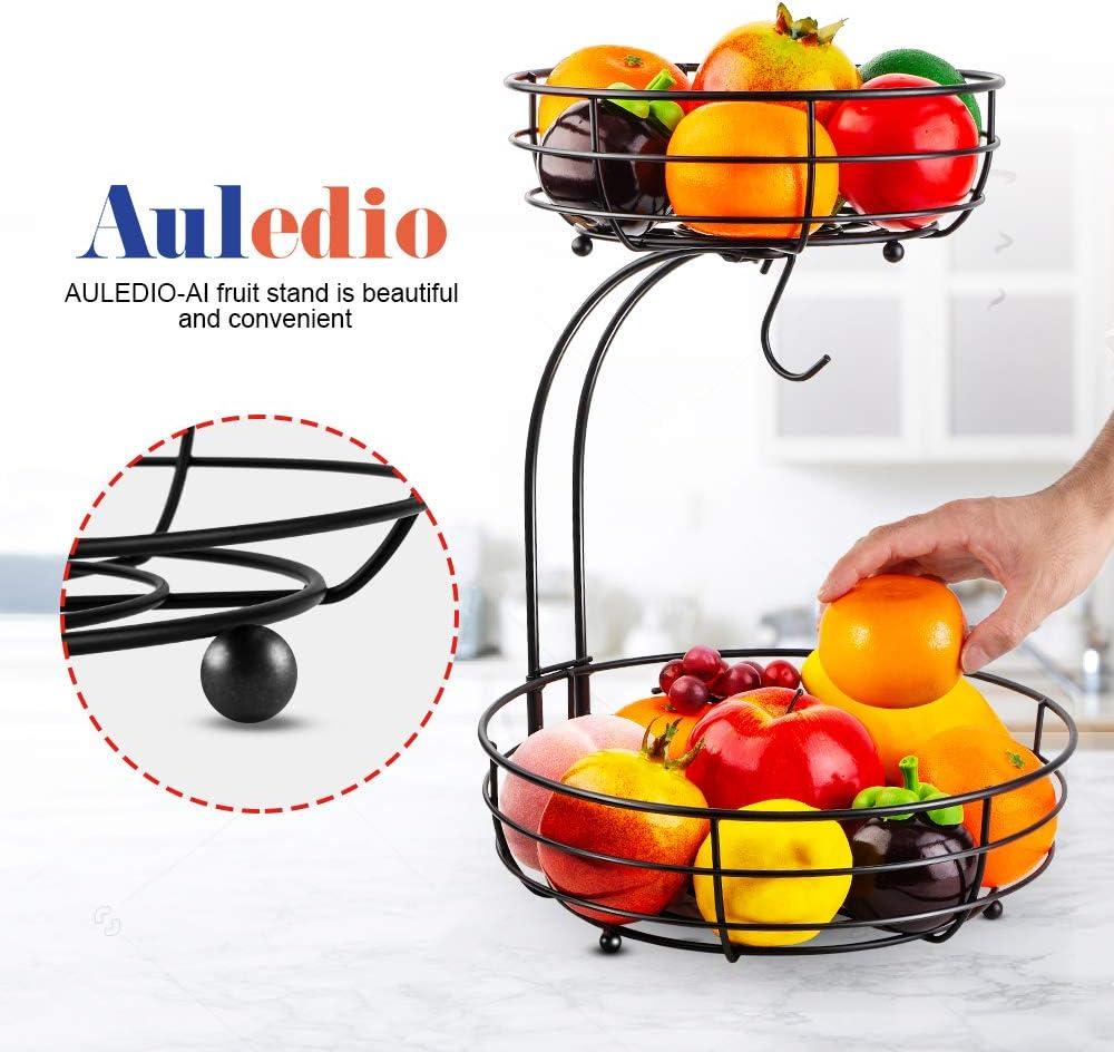 Auledio 2 Tier Metal Fruit Basket with Banana Hanger Detachable Organization and Storage for Kitchen (Black)