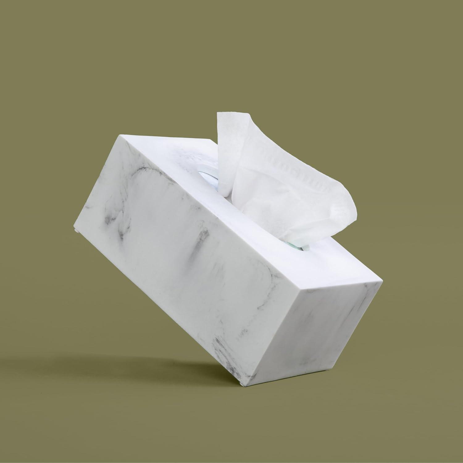 Essentra Home Rectangular Tissue Box Cover, White Marble Heavy Facial Tissue Holder – Blanc Collection