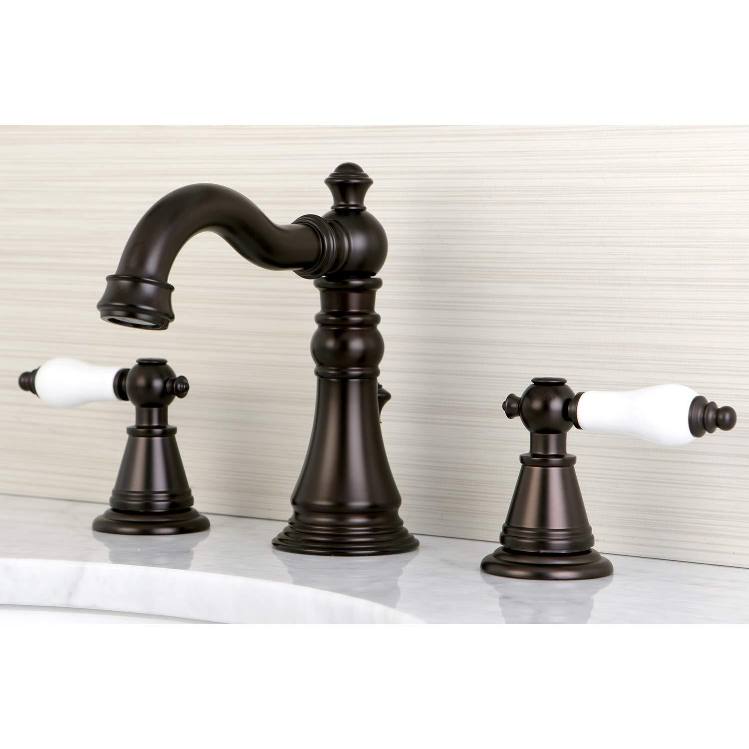 Kingston Brass English Classic Two-Handle 3-Hole Deck Mount Widespread Bathroom Faucet with Pop-Up Drain
