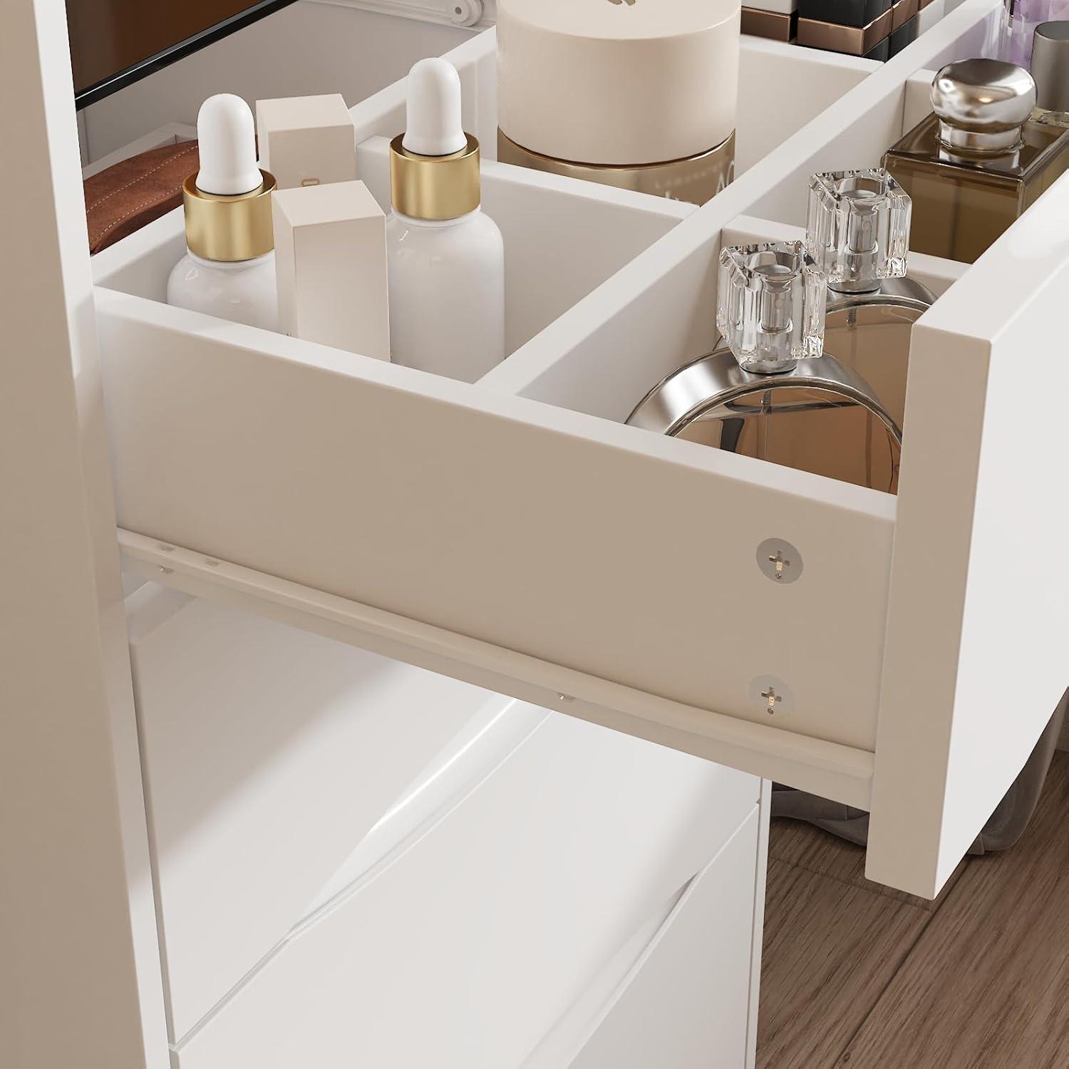 Joqixon Vanity Desk with Flip Top Mirror and Lights, Makeup Vanity Set with Glass Shelf, Space Saving Dressing Table with 3 Drawers & Cushion Stool for Bedroom, White