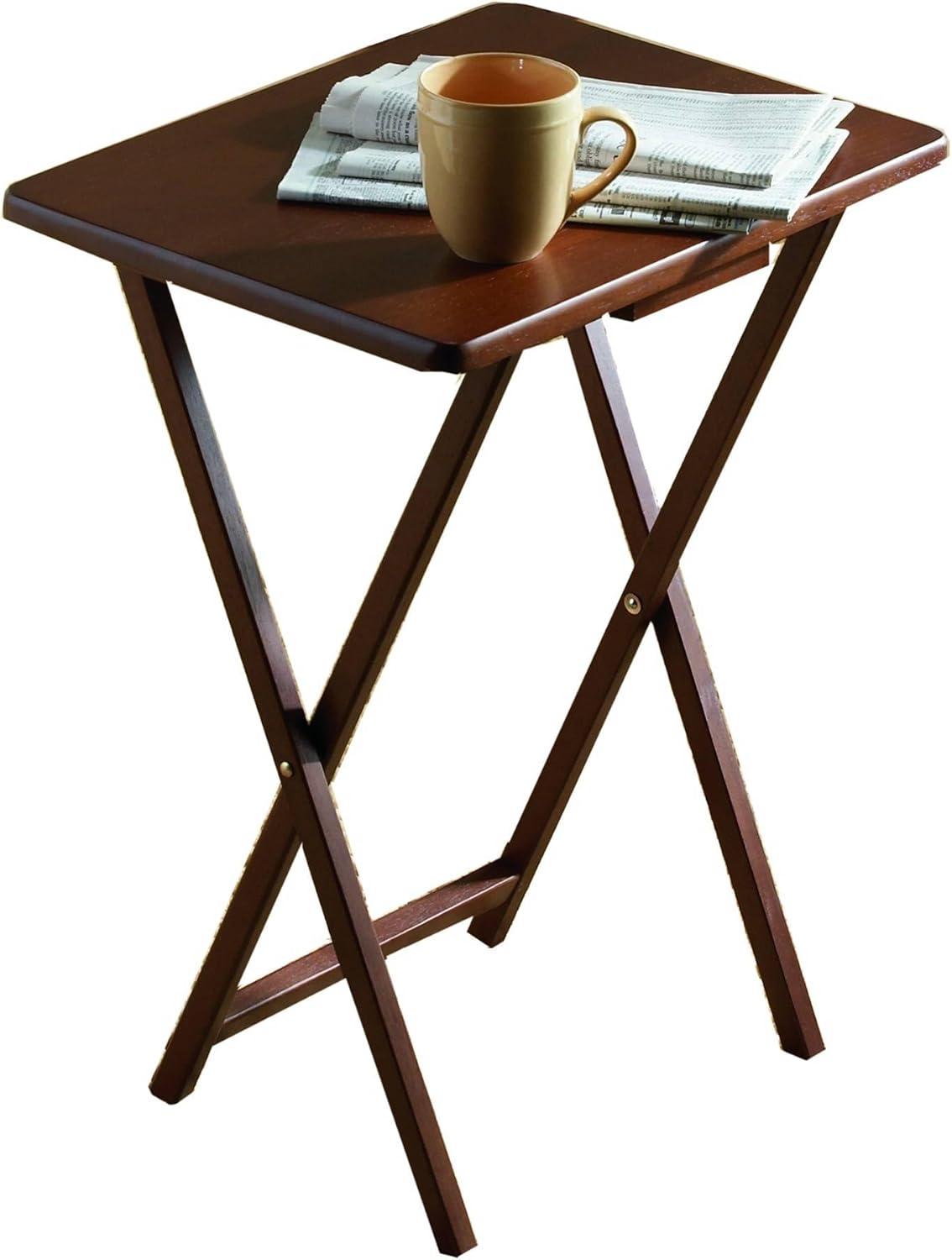 PJ Wood 19.09 x 14.57 x 26.00 Inch Folding TV Tray Tables with Compact Storage Rack, Solid Wood Construction, Walnut Brown Finish, 5 Piece Set