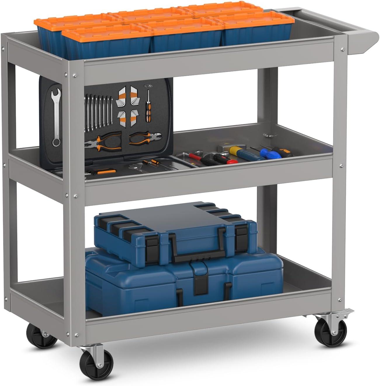 Gray 3-Tier Metal Utility Cart with Lockable Wheels