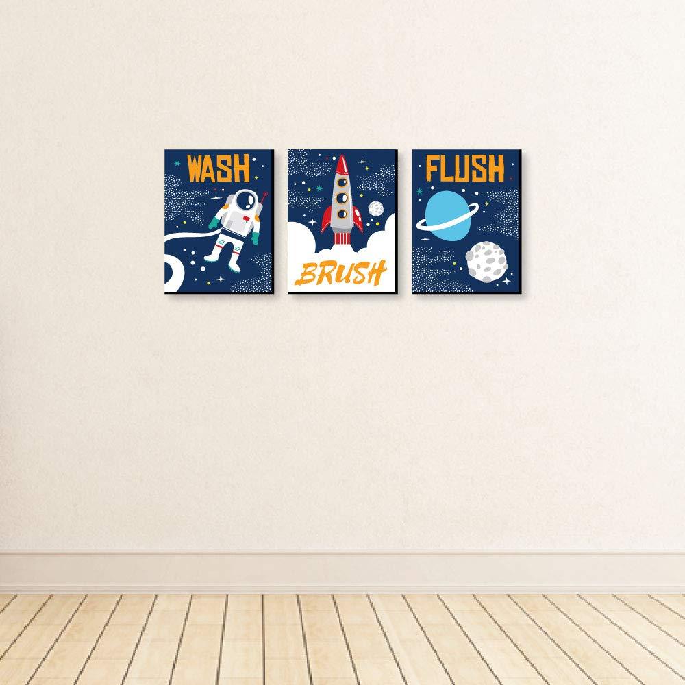 Big Dot of Happiness Blast Off to Outer Space - Kids Bathroom Rules Wall Art - 7.5 x 10 inches - Set of 3 Signs - Wash, Brush, Flush