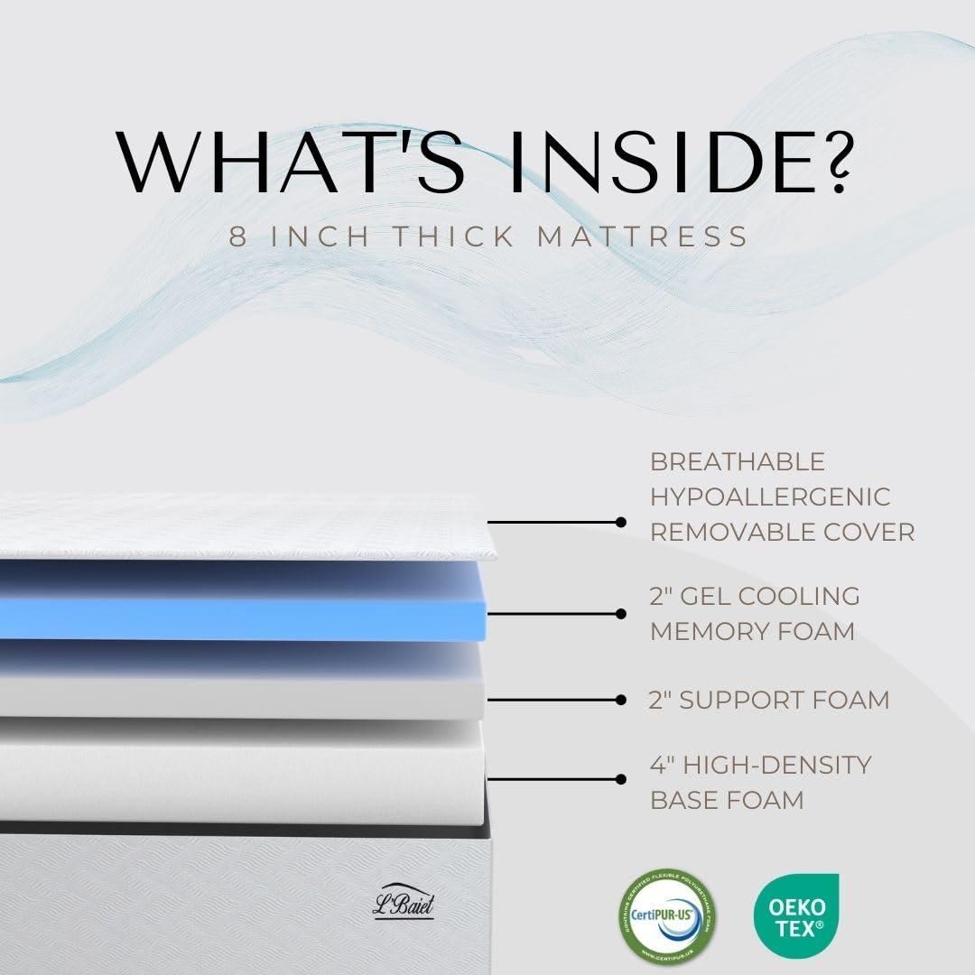 L'Baiet  8" Gel Memory Foam Mattress / Bed in a Box / Medium Firm / Breathable Cooling-Gel Comfort Technology White - Queen