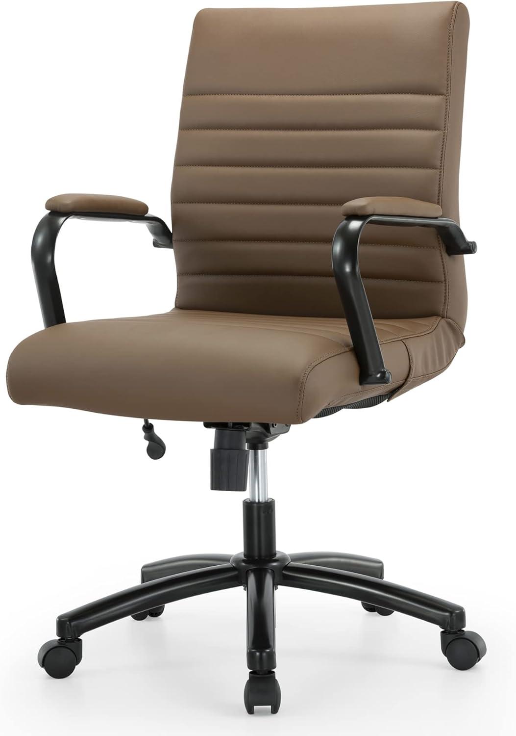 Brown and Black Leather Mid-Back Office Chair with Metal Frame