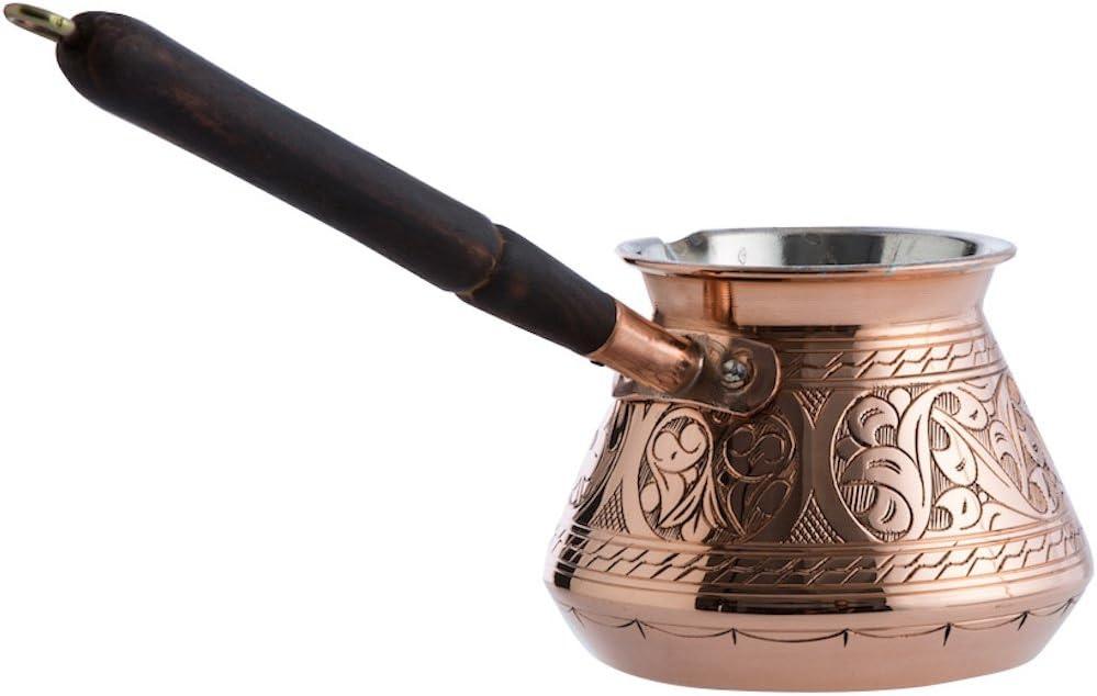 Large Engraved Copper Turkish Coffee Pot with Wooden Handle