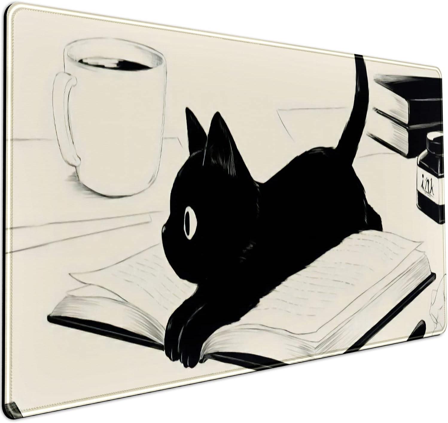 Cute Anime Cat Kawaii Desk Mat Beige Mouse Pads XXL, Anime Aesthetic Desk Pad Large, Cartoon Manga Gaming Deskmat Extend Keyboard Mat Pad, Desktop Decor Accessories for Women Girl 31.5x15.75 in