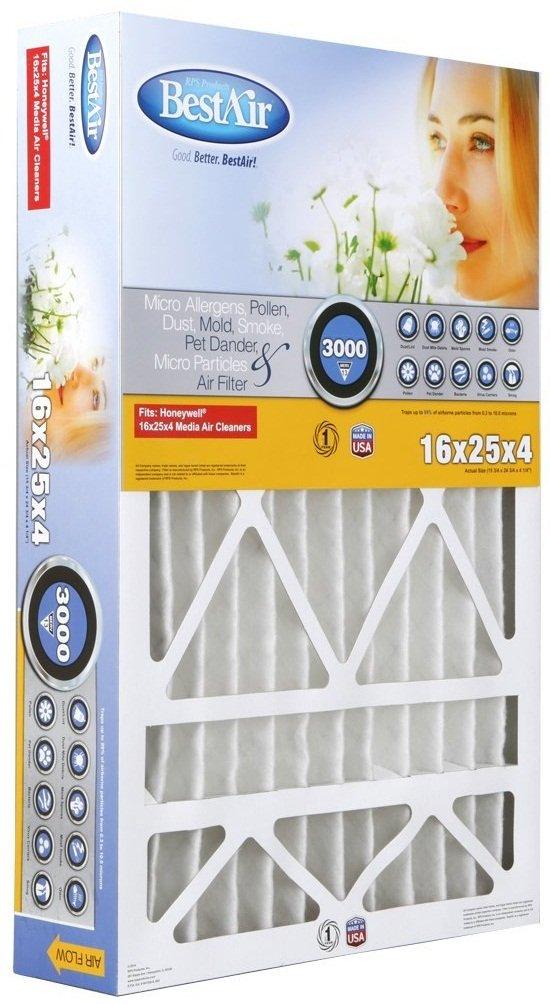 BestAir 3pk 16" x 25" x 4" Honeywell Replacement Air Furnace Filter MERV 13: 4 Inch Electrostatic, EPA Certified