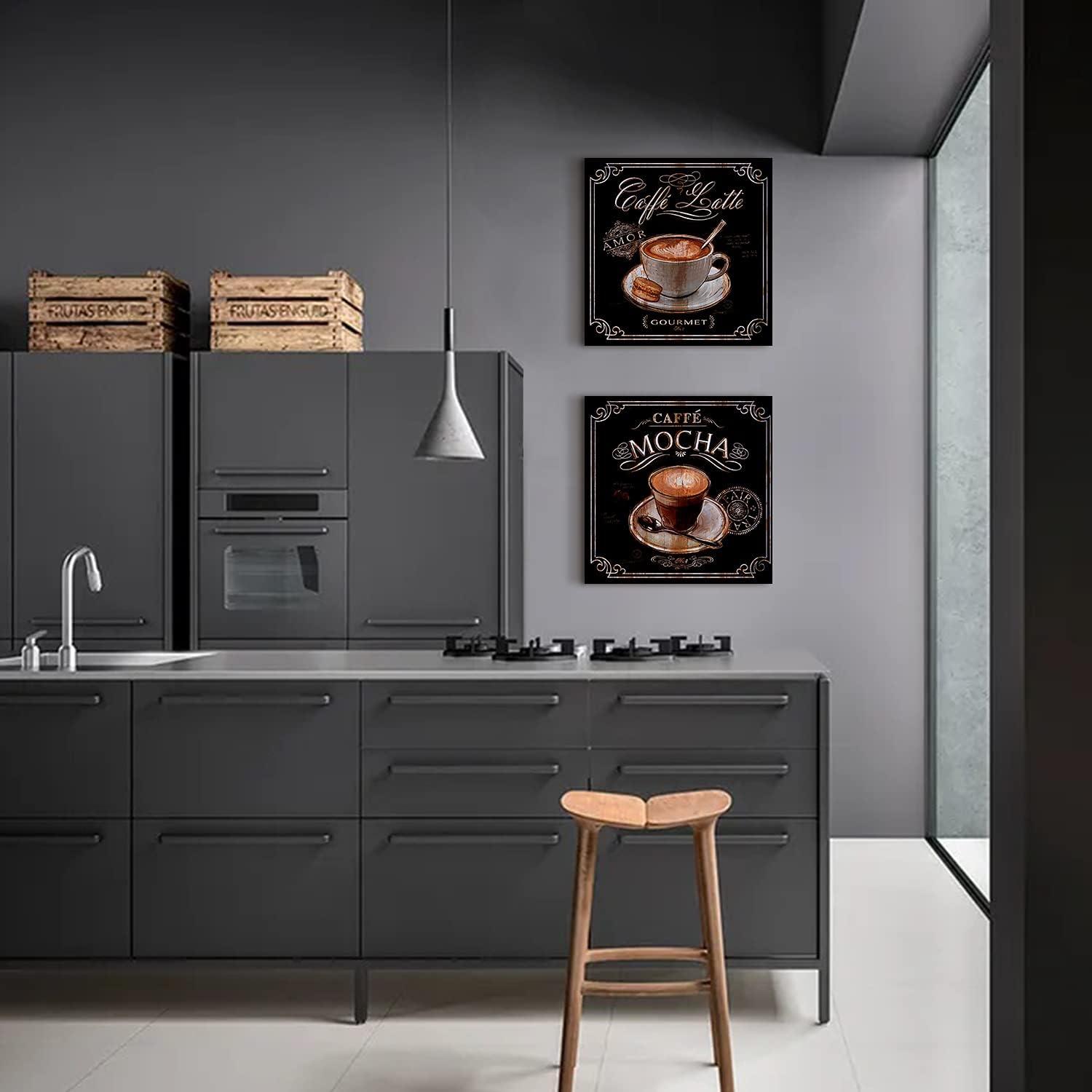 Kitchen Wall Art Coffee Wall Art Vintage Brown Black Cafe Pictures Dining Room Bar Wall Decor Fireplace Sign Bean Modern Artwork Canvas Coffee Shop Painting Family Restaurant Home Decoration 12x12" 4P