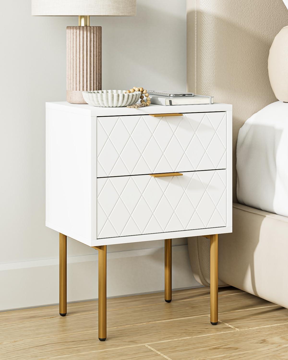 White and Gold Modern Nightstand with Drawer and Shelf