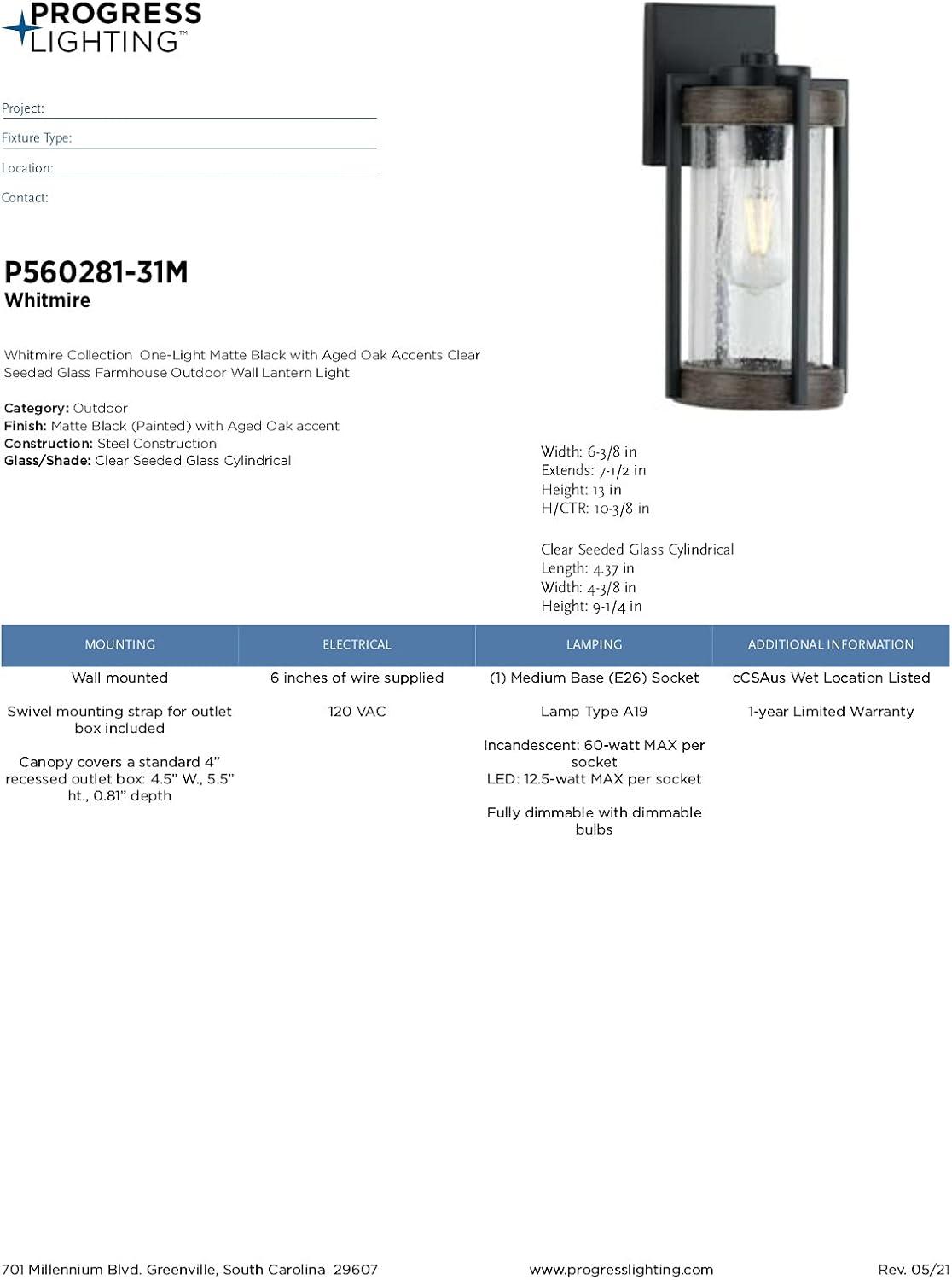 Progress Lighting Whitmire 1-Light Matte Black Outdoor Wall Lantern