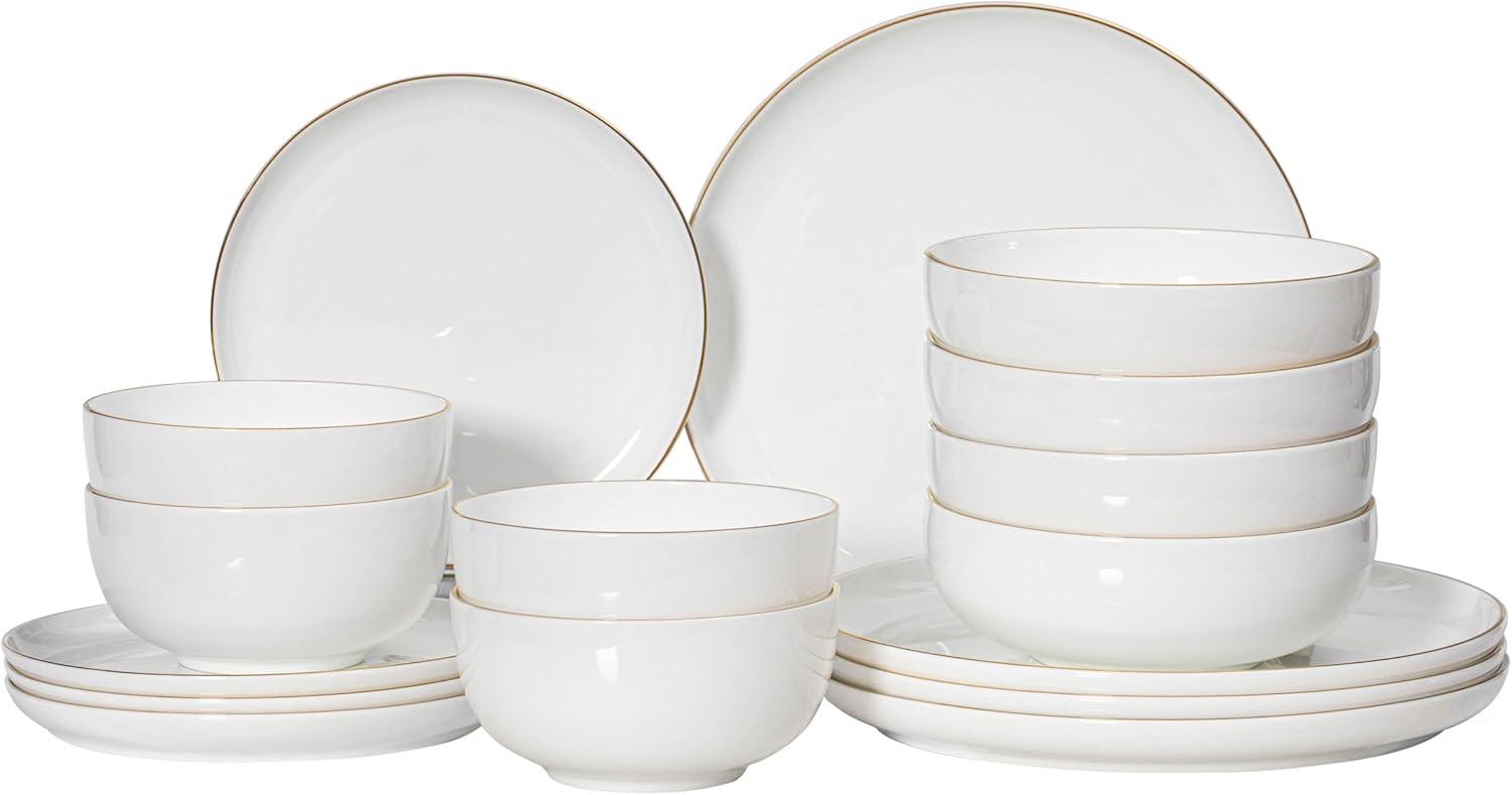 Dinewares White with Gold Rim Bone China Dinnerware Set - Service for 4, Includes Dinner Plates, Salad Plates, and Cereal or Soup Bowls