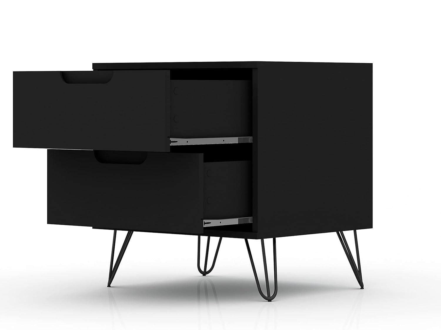 Set of 2 Rockefeller 2 Drawer Nightstands Black - Manhattan Comfort: Modern Bedside Storage Furniture