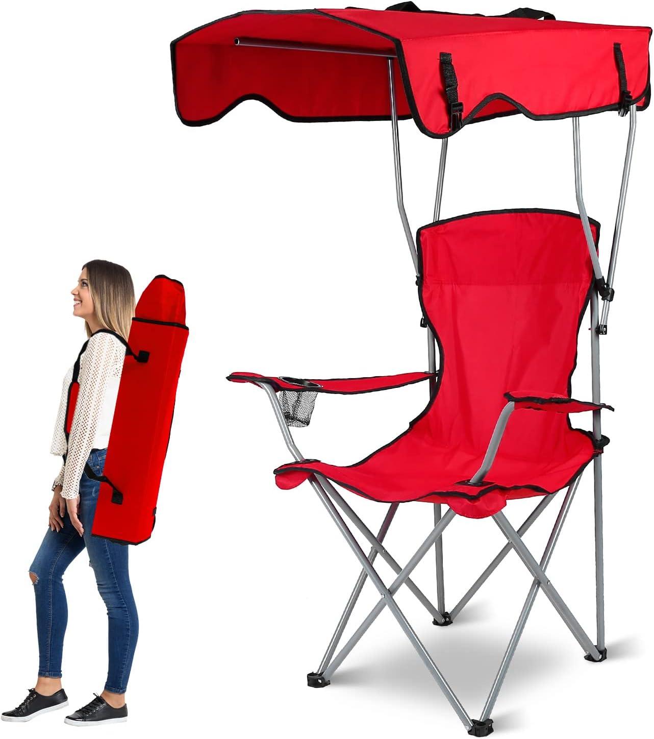 ChicCrest Elevon Camp Chairs with Shade Canopy Chair Folding Camping Recliner Support with Carrying Bag-Red