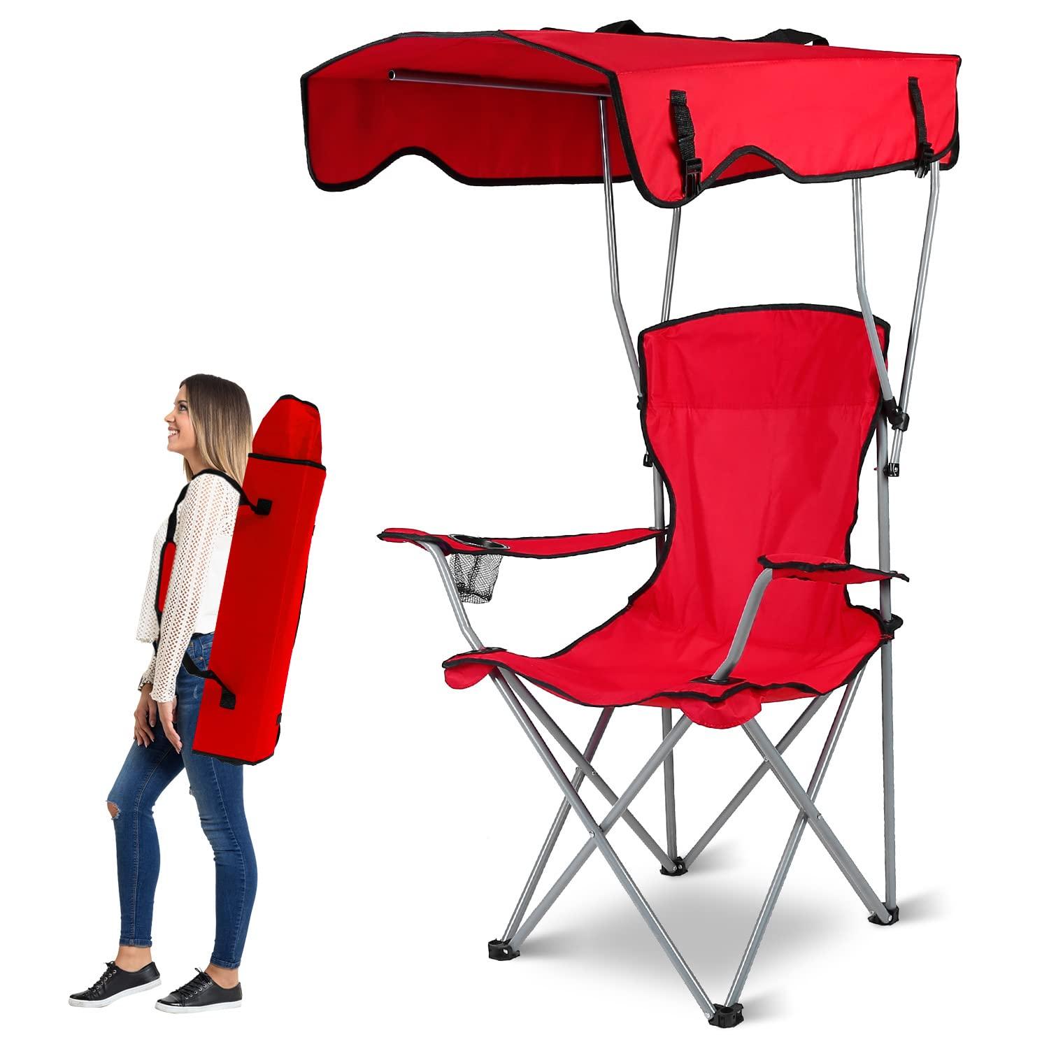 LakeForest"Foldable Beach Canopy Chair with Sun Protection, Cup Holder, and 330lbs Capacity for Outdoor Activities"Red