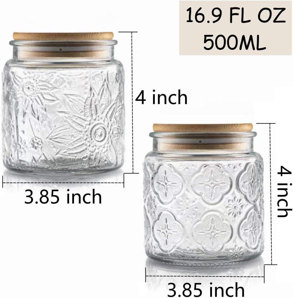 Set of 4 Clear Embossed Glass Storage Jars with Bamboo Lids