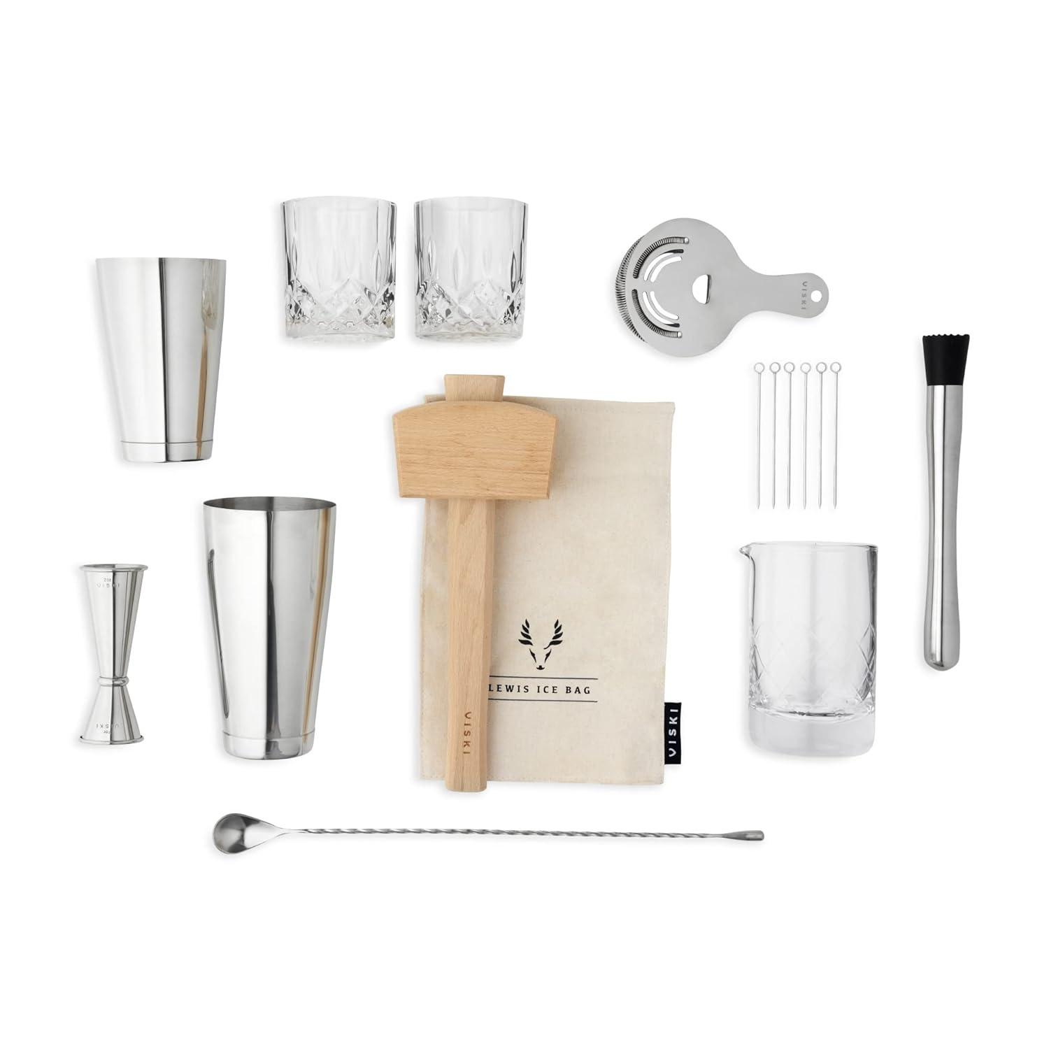 Viski 17-Piece Bar Tools Bartender Tool Kit - Cocktail Making Kit - Bartending Supplies with Shakers and More Set of 17, Silver