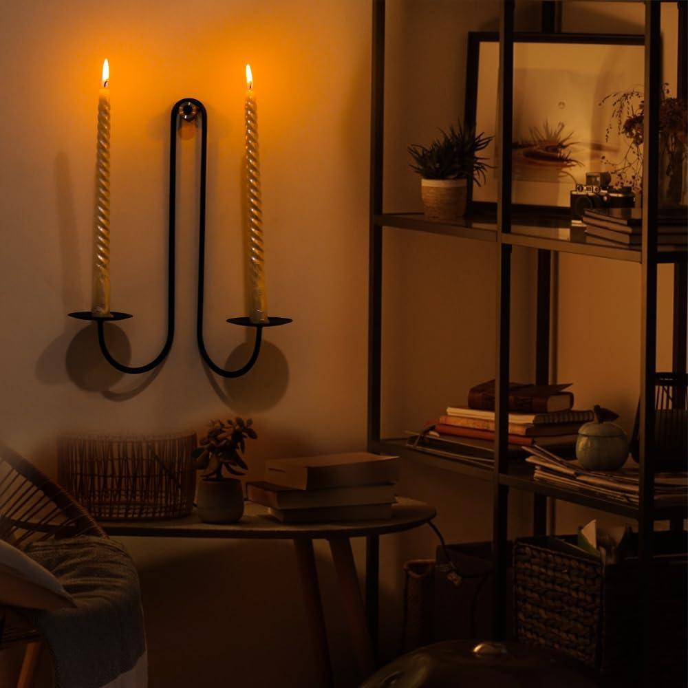 Black Iron Double Arm Wall Candle Sconce Set