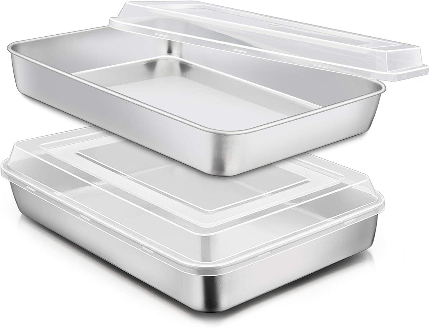 Heavy Duty Stainless Steel Rectangular Baking Pans with Lids, Set of 2