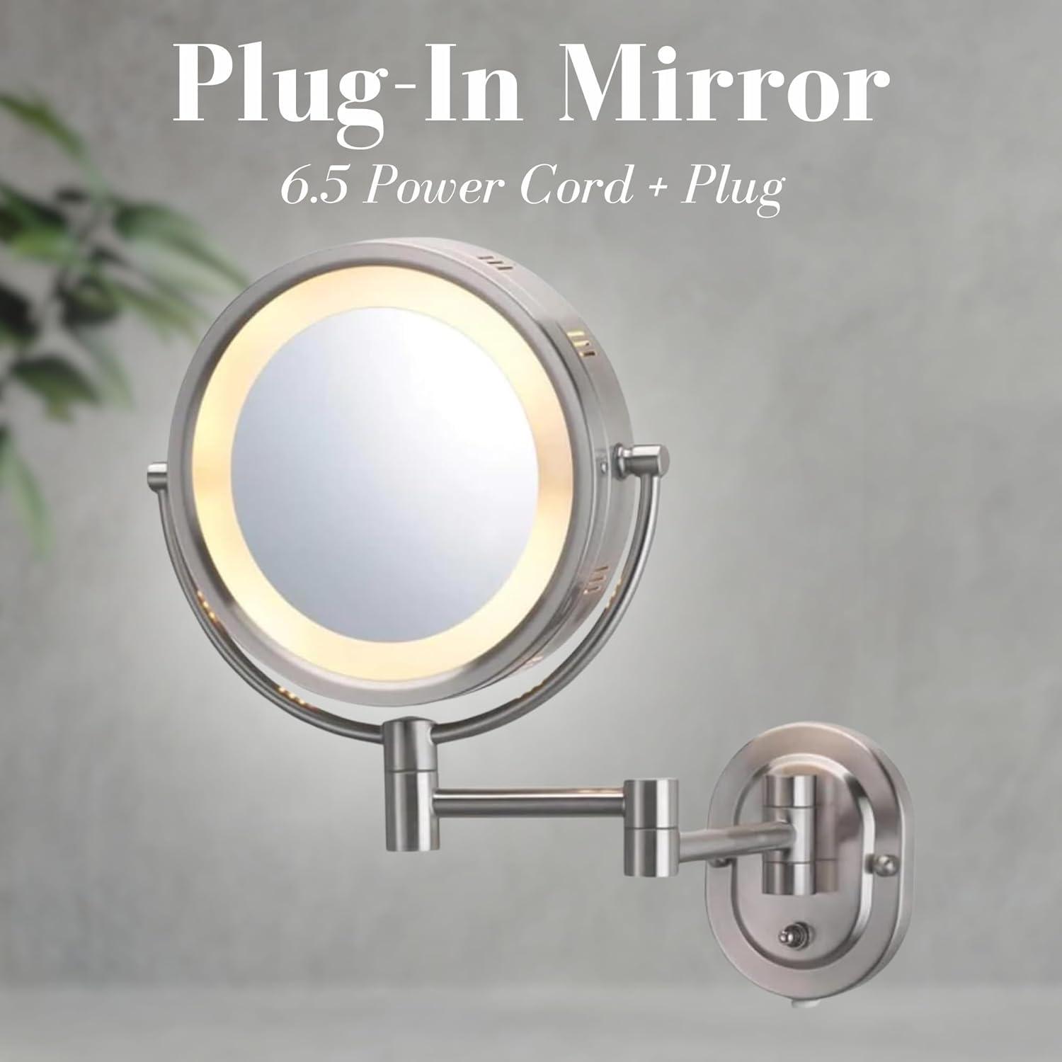 Jerdon 8-inch Two-Sided Lighted Makeup Mirror, 5X-1X Magnification - Plug in - Nickel Finish - Model HL65N