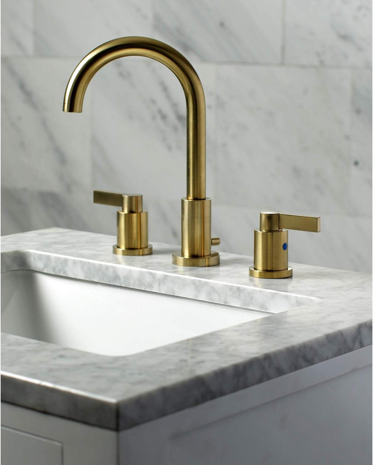 Kingston Brass NuvoFusion Two-Handle 3-Hole Deck Mount Widespread Bathroom Faucet with Brass Pop-Up Drain