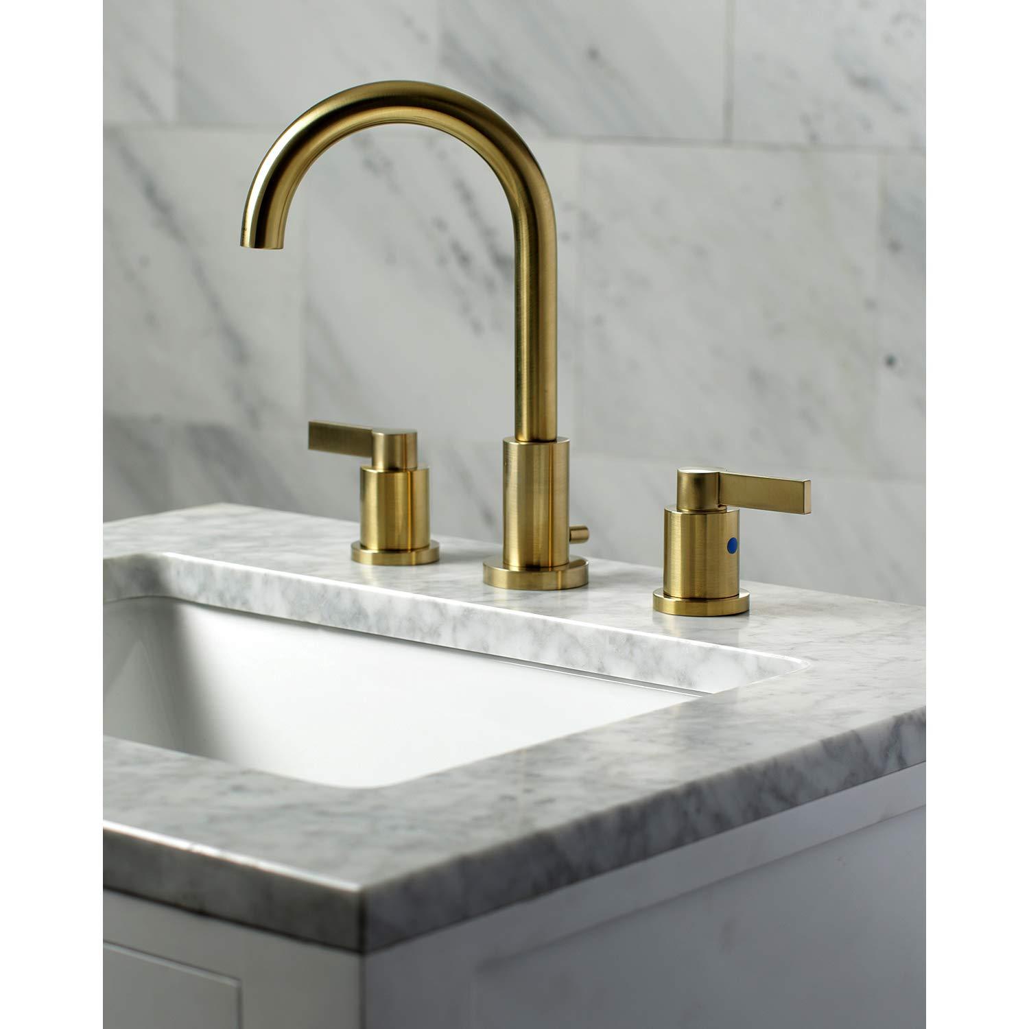 Kingston Brass NuvoFusion Two-Handle 3-Hole Deck Mount Widespread Bathroom Faucet with Brass Pop-Up Drain