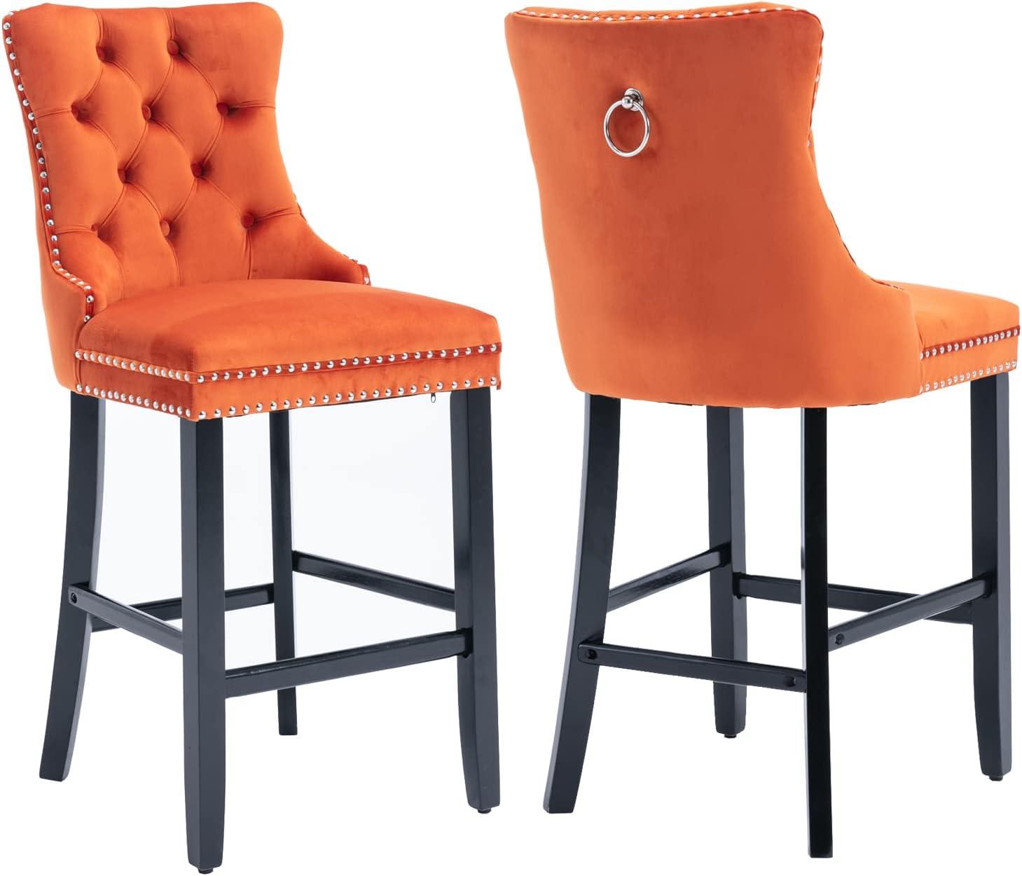Aoowow Velvet Upholstered Counter Height Bar Stools Set of 2, Counterstool Seat Height 27.2", Wingback Armless Bar Chairs Button Tufted with Solid Wood Legs for Kitchen Island Bar Area (Orange)