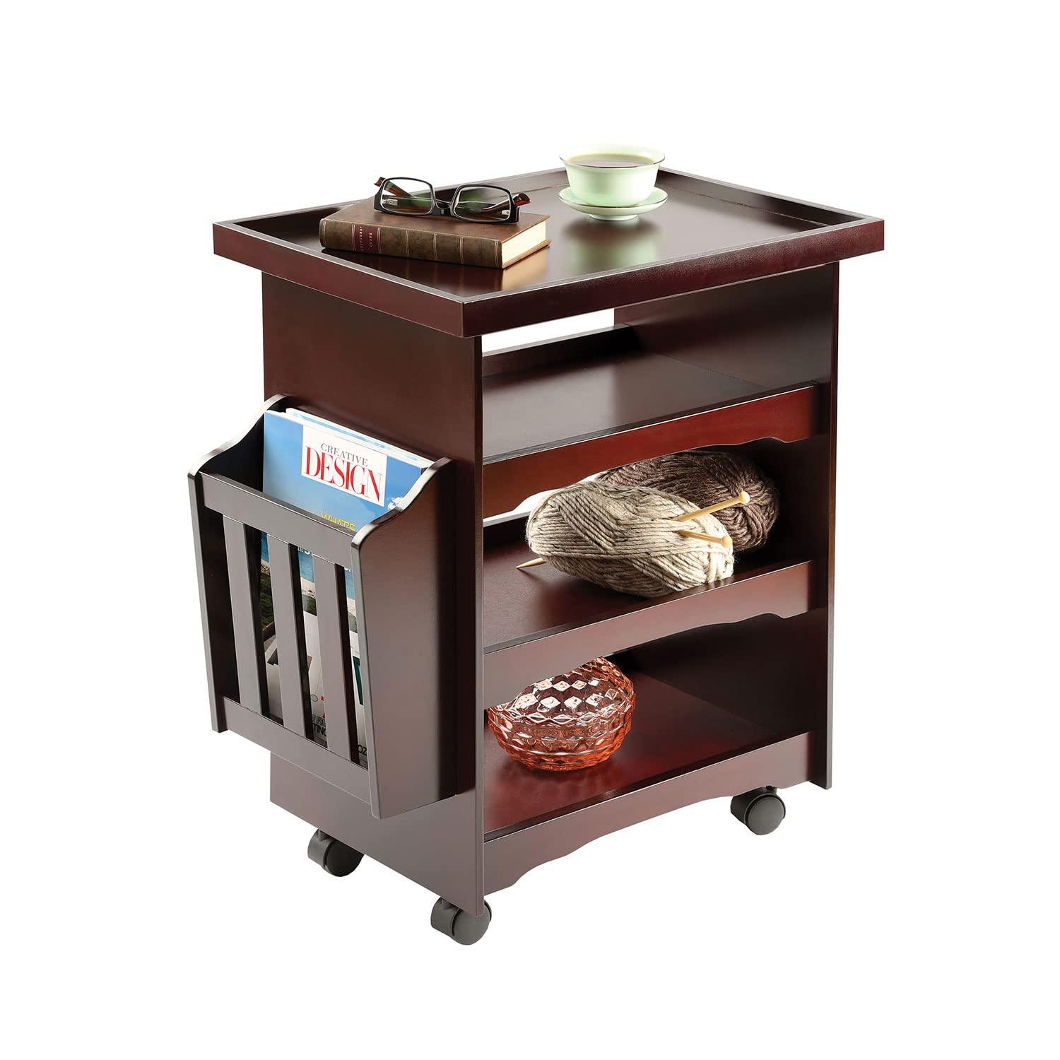 ETNA Rolling Bar Cart Multipurpose End Table with Wheels Narrow Side Table with Magazine Rack, Mahogany Wood Finish, 24" H x 21" L x 14" W