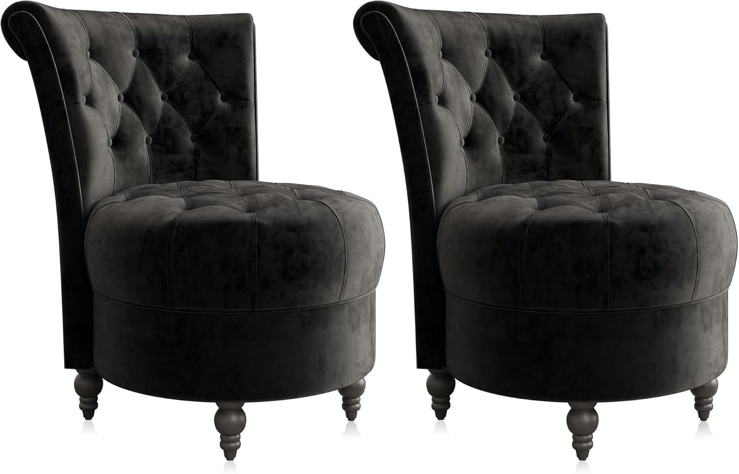 BELLEZE Throne Royal Chair Set of 2, Button-Tufted Accent Chair, Upholstered Velvet Chair, Low Back Armless Chair with Thick Padding and Rubberwood Legs - Malik (Black)