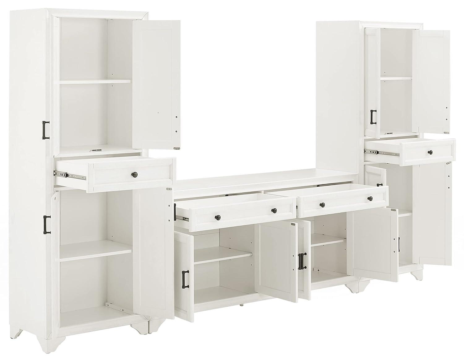 3pc Tara Sideboard and Pantry Set Distressed White - Crosley: Kitchen Storage, Adjustable Shelves, MDF