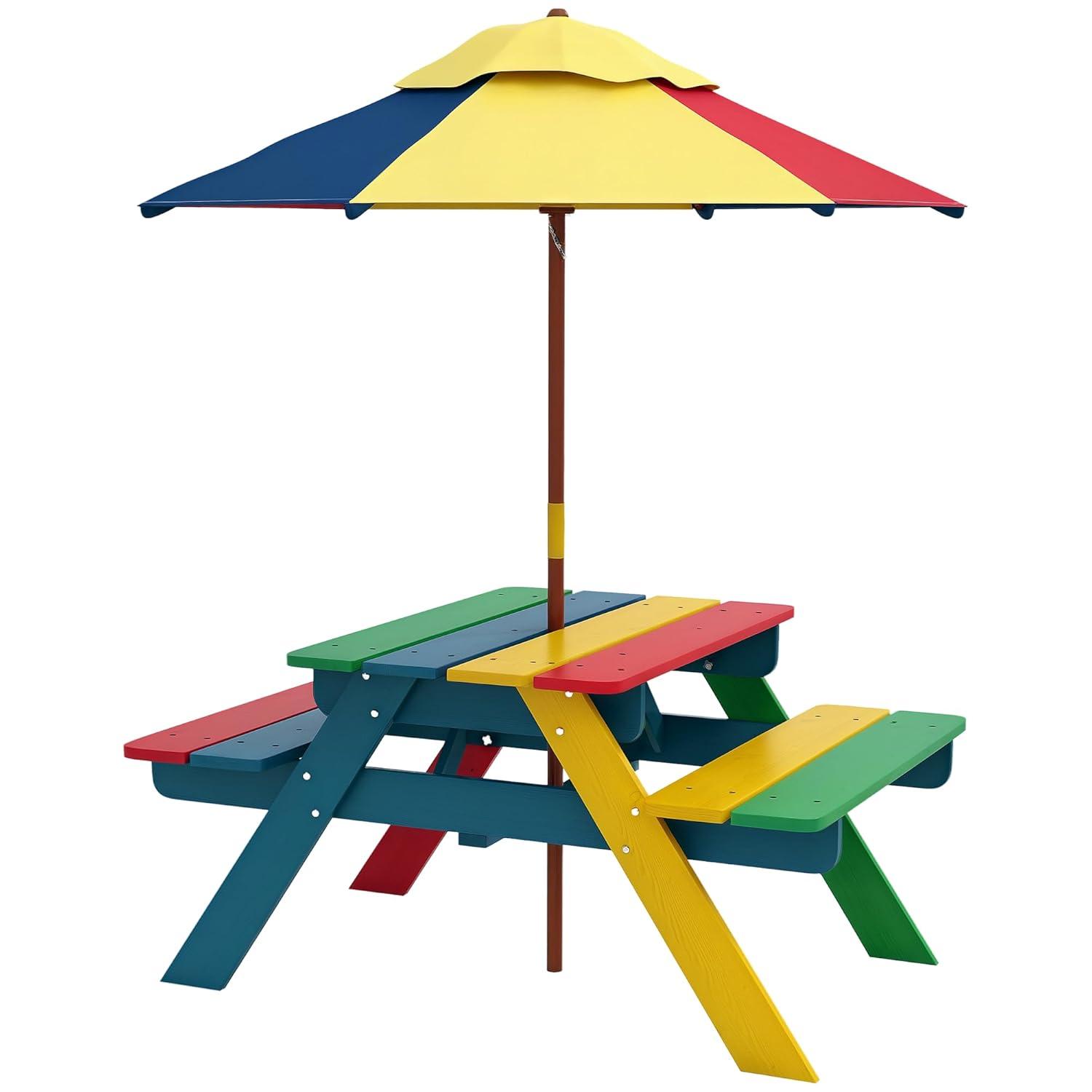 Outsunny Kids Picnic Table Set with Parasol, Wooden Outdoor Bench Set with Seating for 2 Children 3-6 Years Old, for Patio, Backyard, Indoor Use