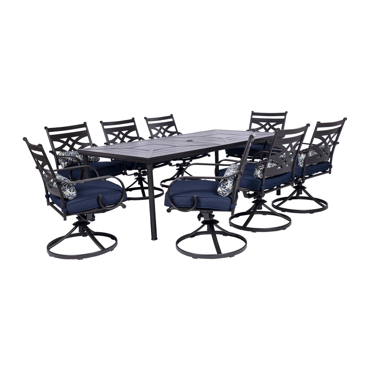 Hanover Montclair 9-Piece All-Weather Outdoor Patio Dining Set, 8 Swivel Rocker Chairs with Comfortable Seat and Lumbar Cushions, 84"x42" Stamped Rectangle Table, MCLRDN9PCSW8-NVY
