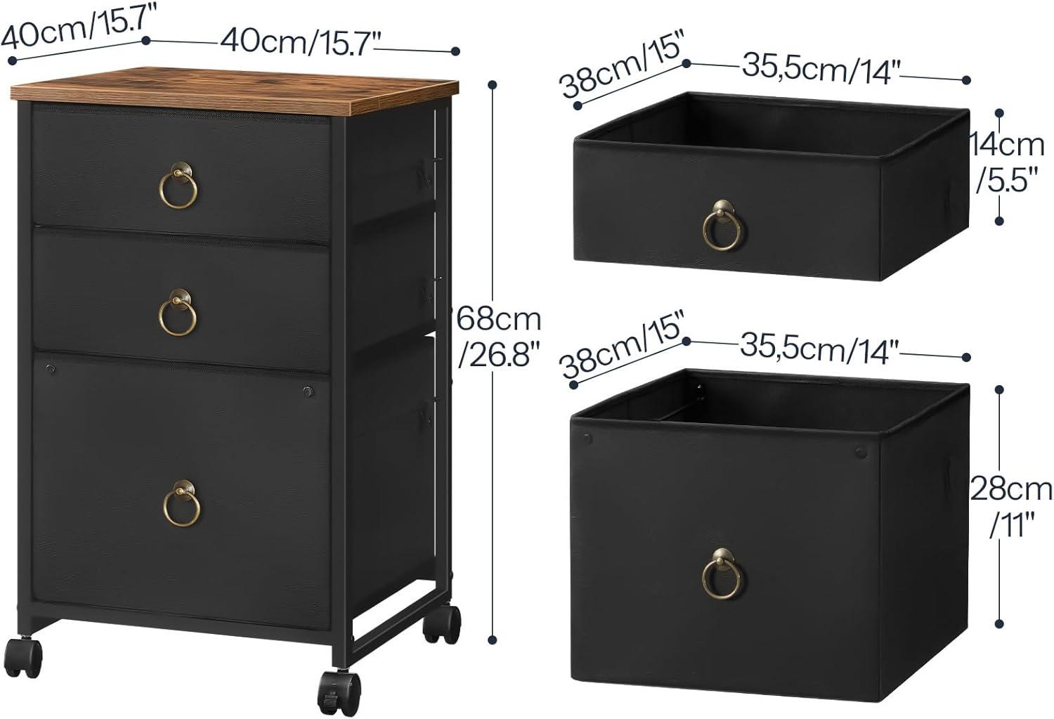 Rustic Brown and Black 3-Drawer Mobile Lockable Filing Cabinet