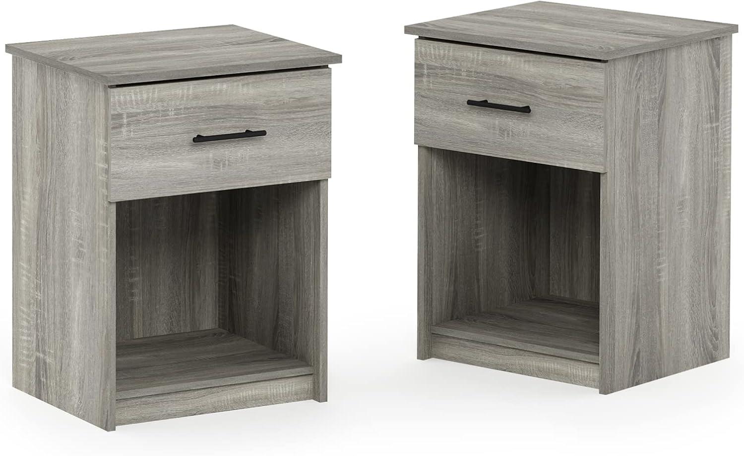Furinno 2PCS Mid-Century Nightstand Multipurpose End Table Accent Side Table W/Drawer & Open Storage Cube for Bedroom,Living Room,French Oak Grey