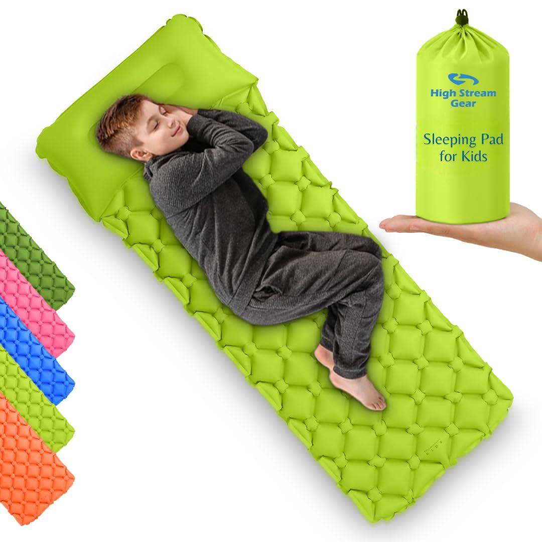 Kids Sleeping Pad for Camping and Sleepovers with Pillow, Inflatable Camping Mattress for Backpacking & Travel, Thick Toddler Cot Mat, Fast Inflating Camping Sleeping Pads for Kids