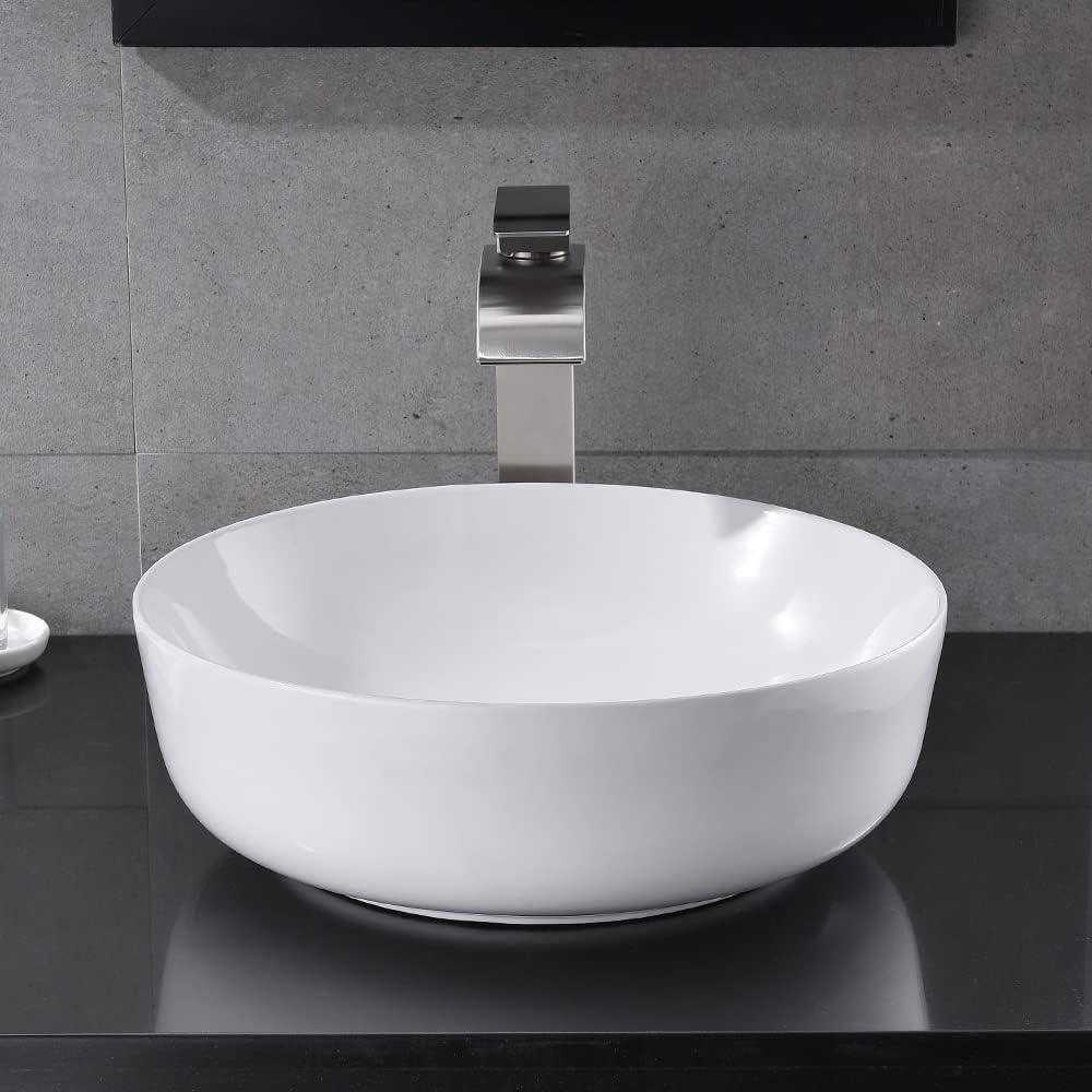 Round White Ceramic Above-Counter Vessel Sink with Faucet