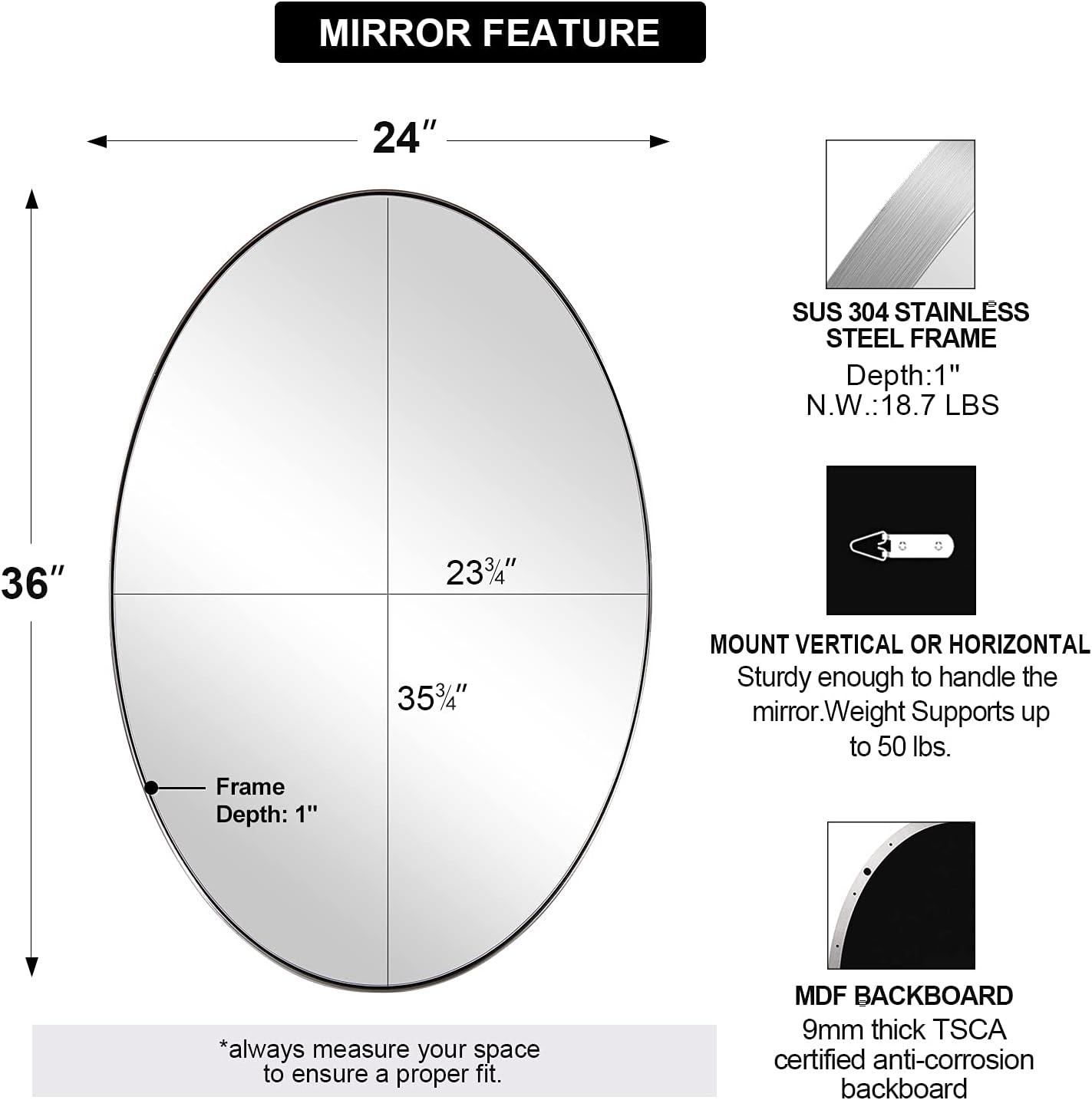 ANDY STAR Wall Mirror for Bathroom, 24x36'' Chrome Oval Bathroom Mirror, Large Oval Wall Mirror for Btahroom, Oblong Pill Shaped Chrome Mirror Stainless Steel Frame Wall Mount Horizontal or Vertical