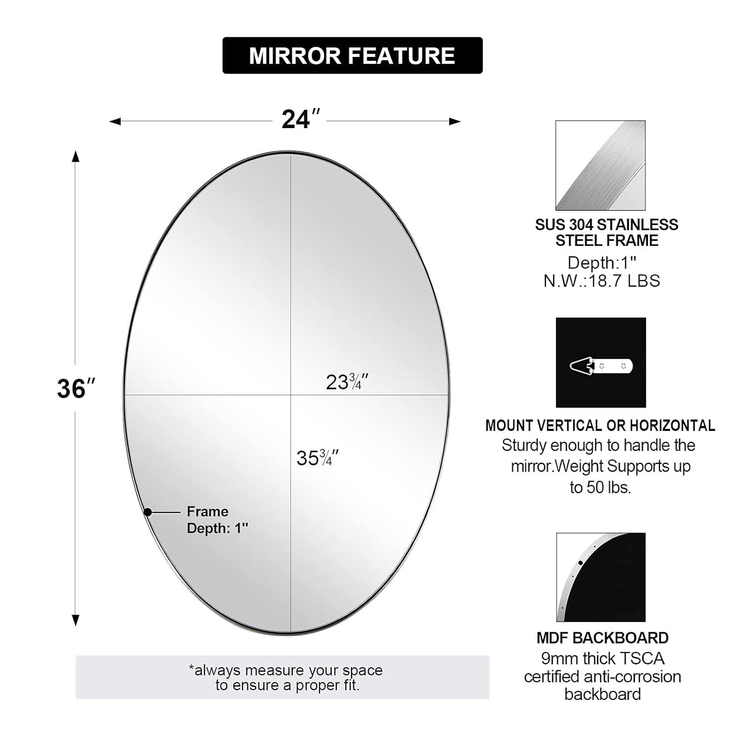 ANDY STAR Wall Mirror for Bathroom, 24x36'' Chrome Oval Bathroom Mirror, Large Oval Wall Mirror for Btahroom, Oblong Pill Shaped Chrome Mirror Stainless Steel Frame Wall Mount Horizontal or Vertical