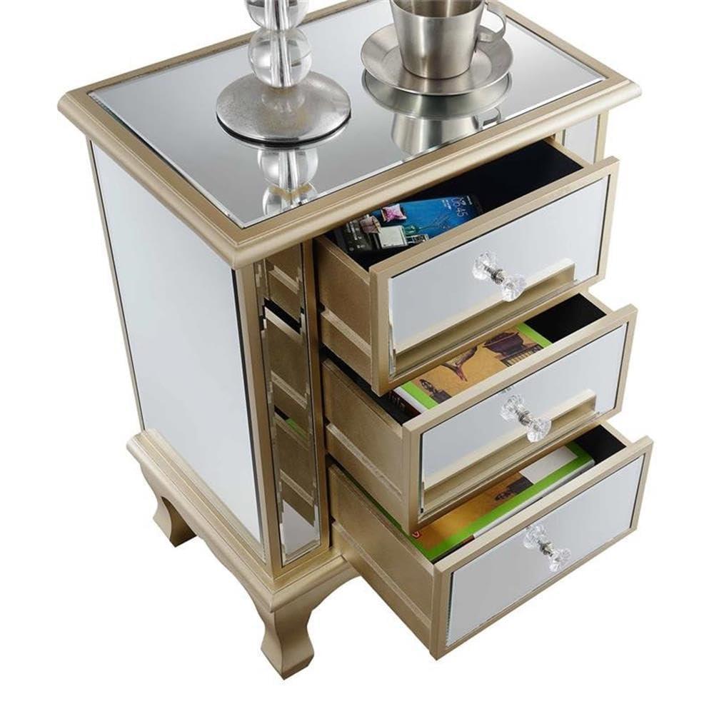 Gold Coast Vineyard 3 Drawer Mirrored End Table In White Wood and Mirrored Glass