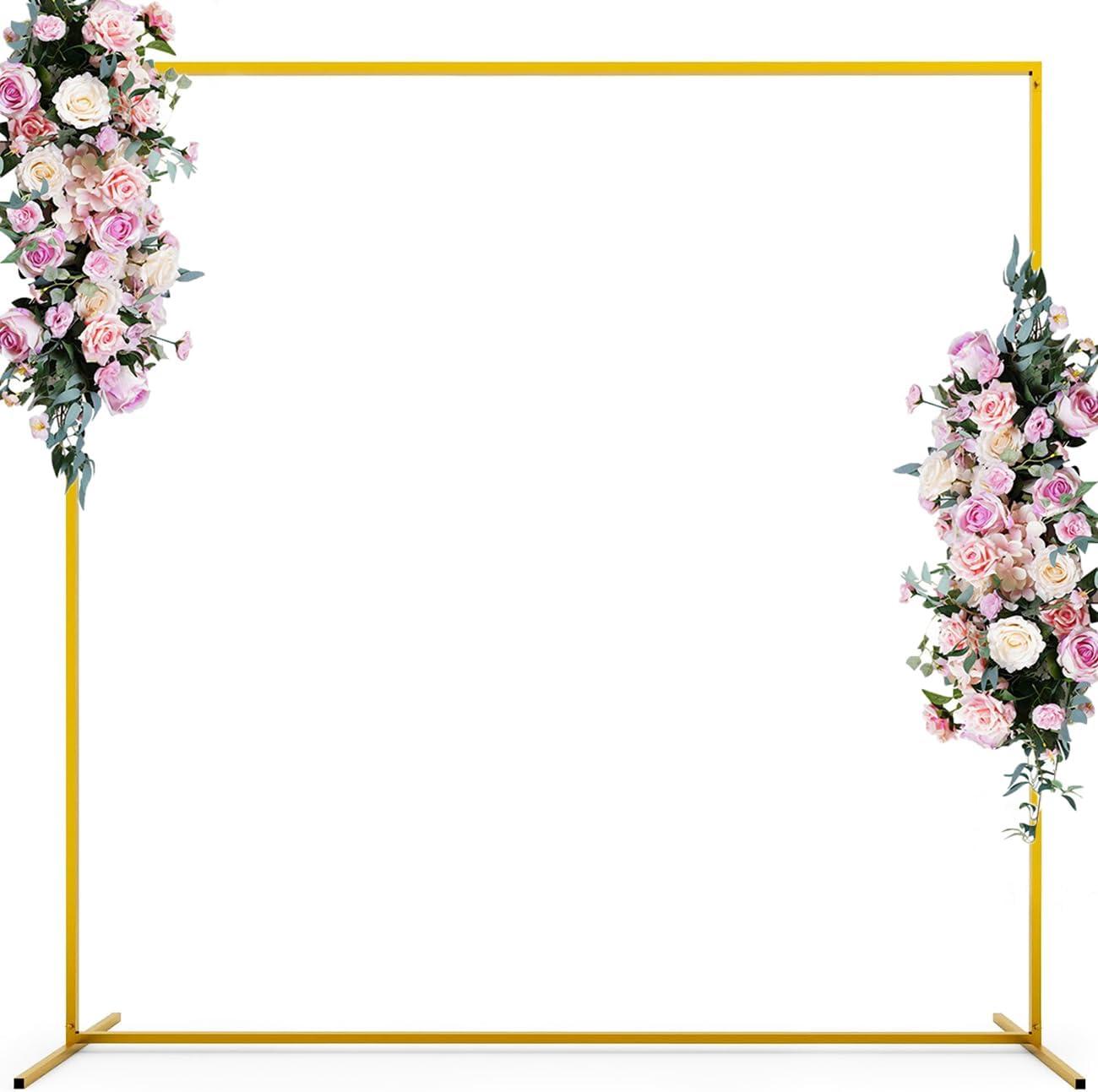 Jhsomdr 6.6FT x 6.6FT Wedding Arch for Ceremony Square Backdrop Stand with 4 Ground Nails, Gold Metal Balloon Arch Stand Arch Background Frame for Parties, Birthday, Garden Decorations, Anniversary