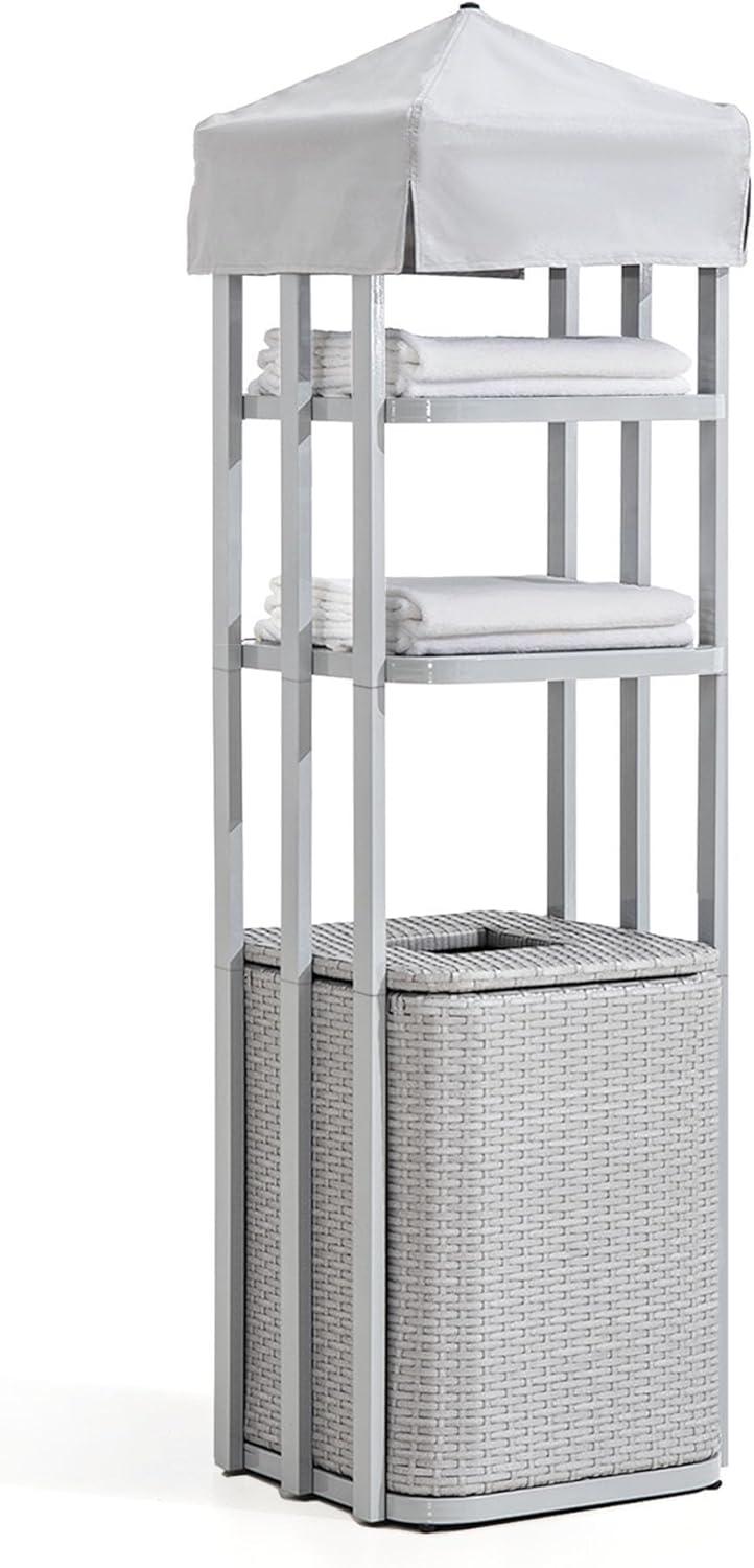 Sunjoy Aluminum Frame Pool Towel Valet Tower with 2-Tier Shelves and A Large All-Weather Wicker Storage Basket for Dirty Towels