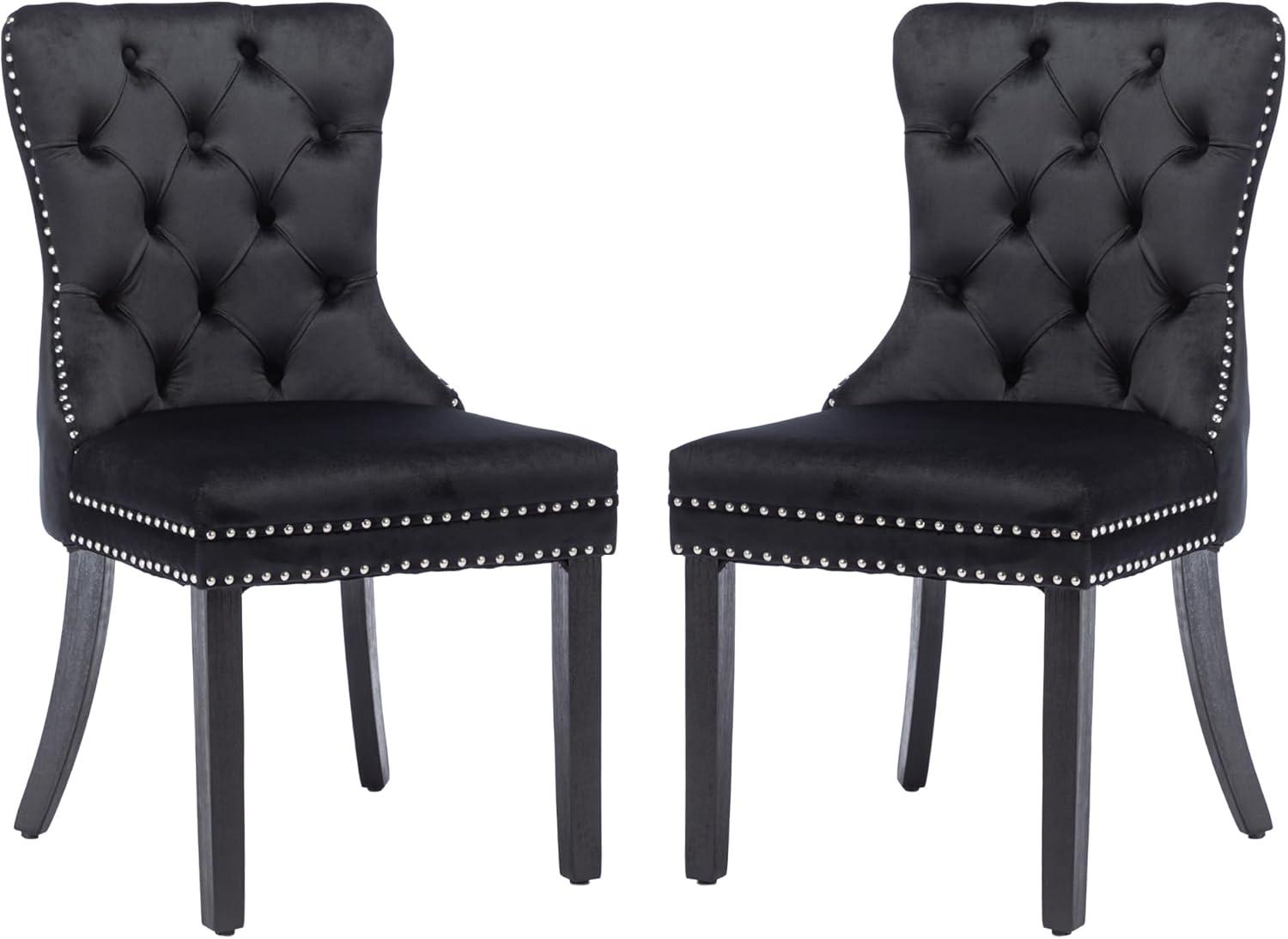 Black Velvet Upholstered Dining Chairs with Wood Legs