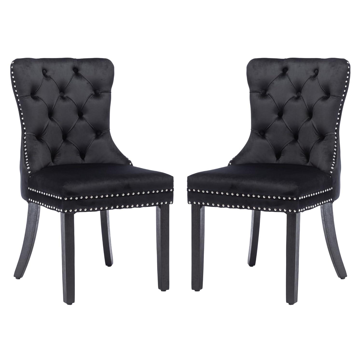KCC Velvet Dining Chairs Set of 2, Upholstered High-end Tufted Dining Room Chair with Nailhead Back Ring Pull Trim Solid Wood Legs, Nikki Collection Modern Style for Kitchen, Black
