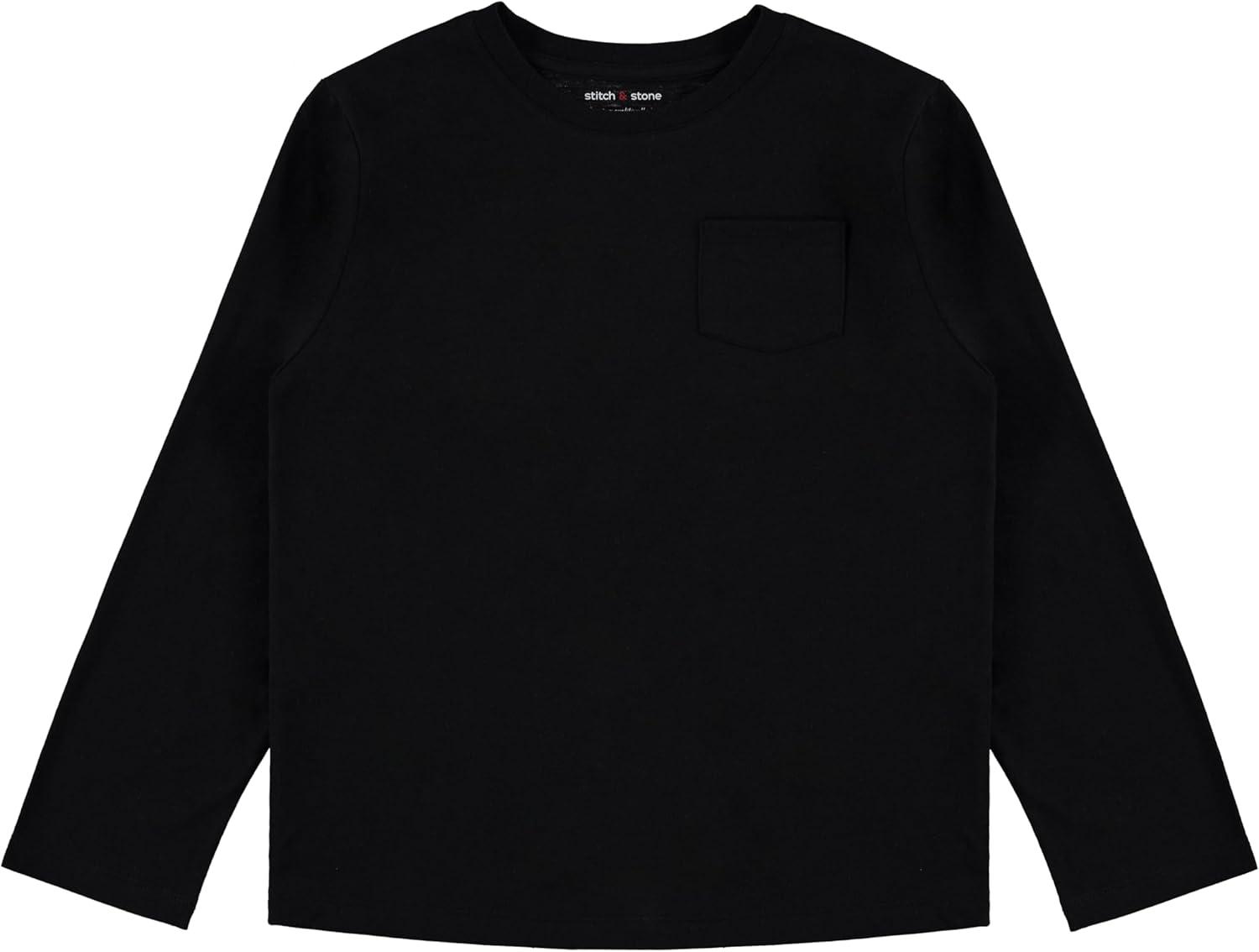 STITCH & STONE Boys 4 Pack Long Sleeve Tops, Soft Cotton Crewneck Tees, Casual Boys Clothing, Comfortable Everyday Wear