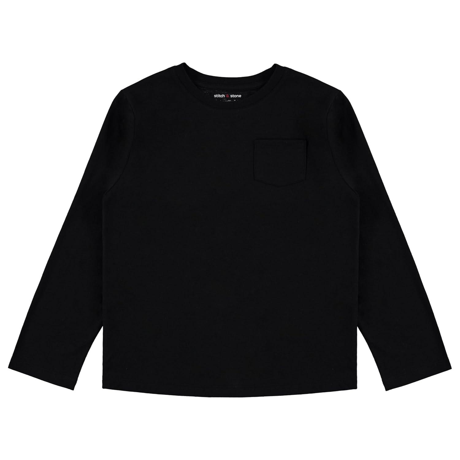 STITCH & STONE Boys 4 Pack Long Sleeve Tops, Soft Cotton Crewneck Tees, Casual Boys Clothing, Comfortable Everyday Wear