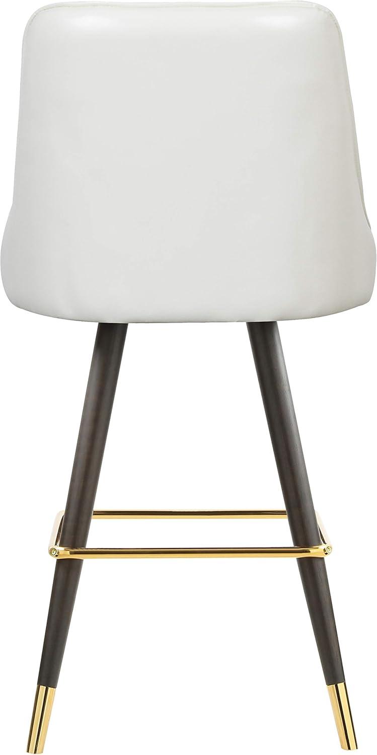 White Faux Leather Bar Stool with Button Tufting and Gold Accents